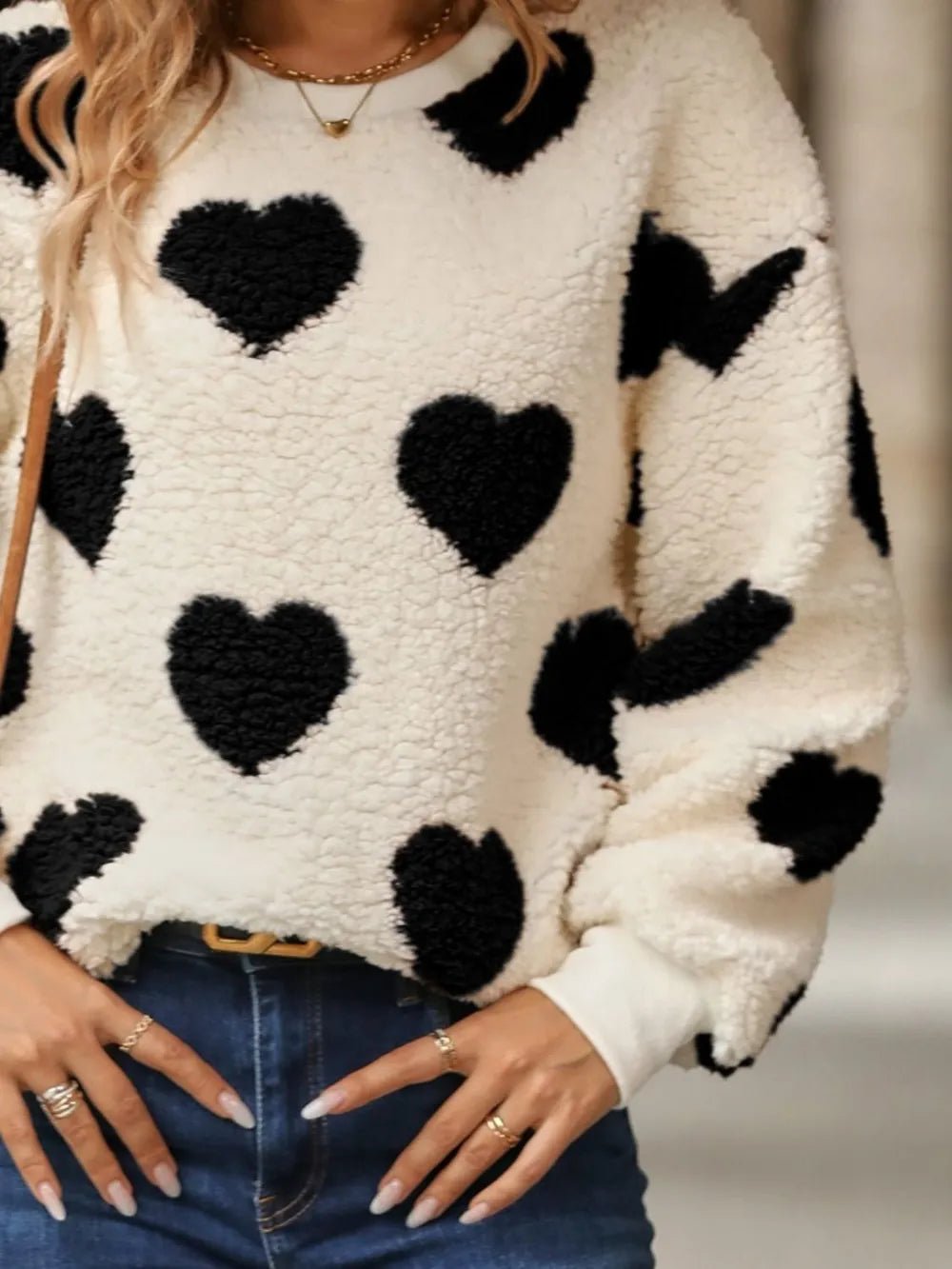 Fuzzy Heart Dropped Shoulder Sweatshirt - Eco4life Clothing and Accessories