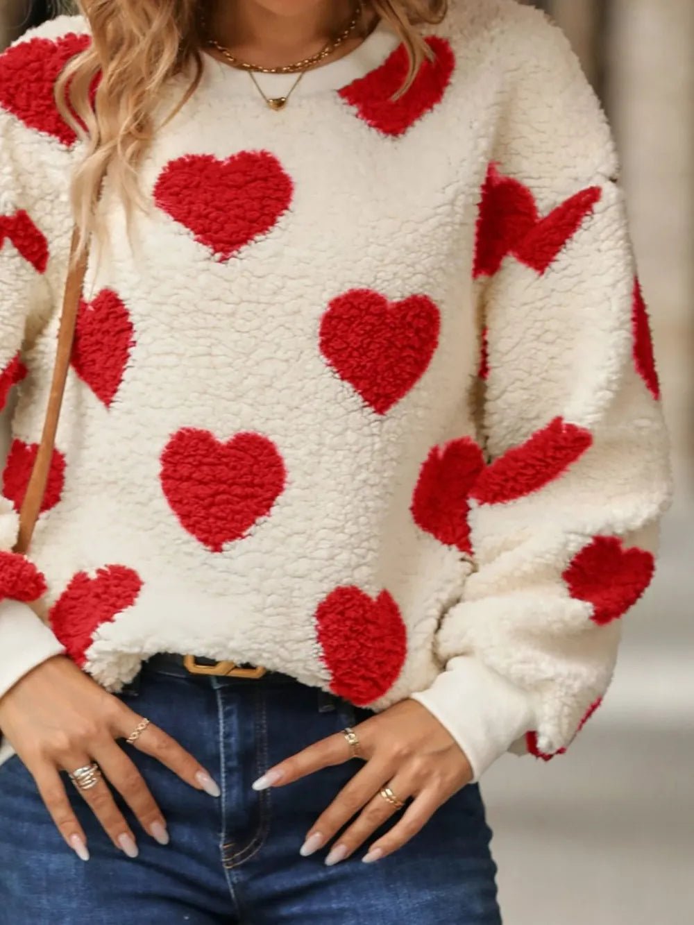 Fuzzy Heart Dropped Shoulder Sweatshirt - Eco4life Clothing and Accessories