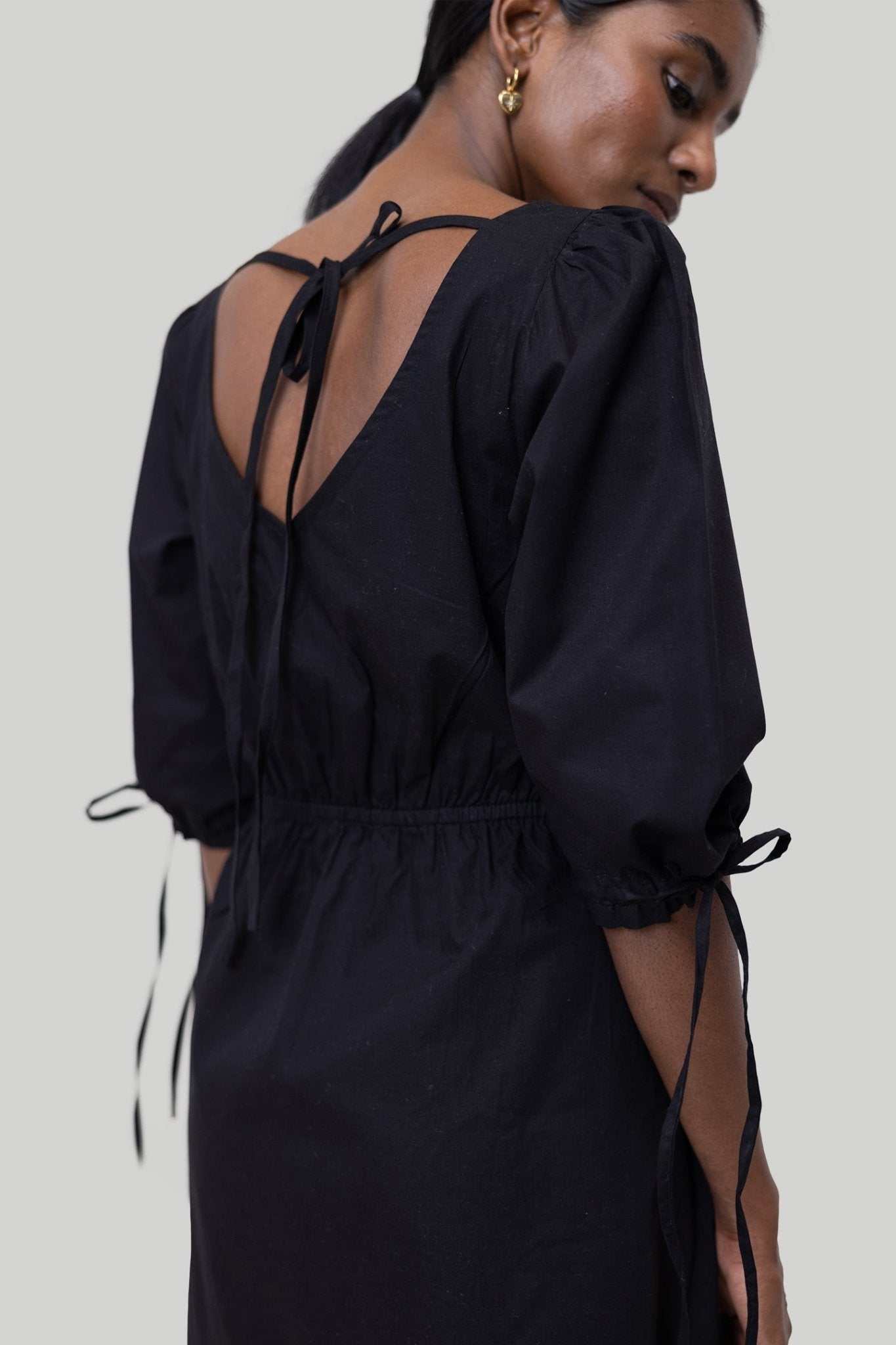 Gathered Elbow Sleeve Short Dress in Black - Eco4life Clothing and Accessories