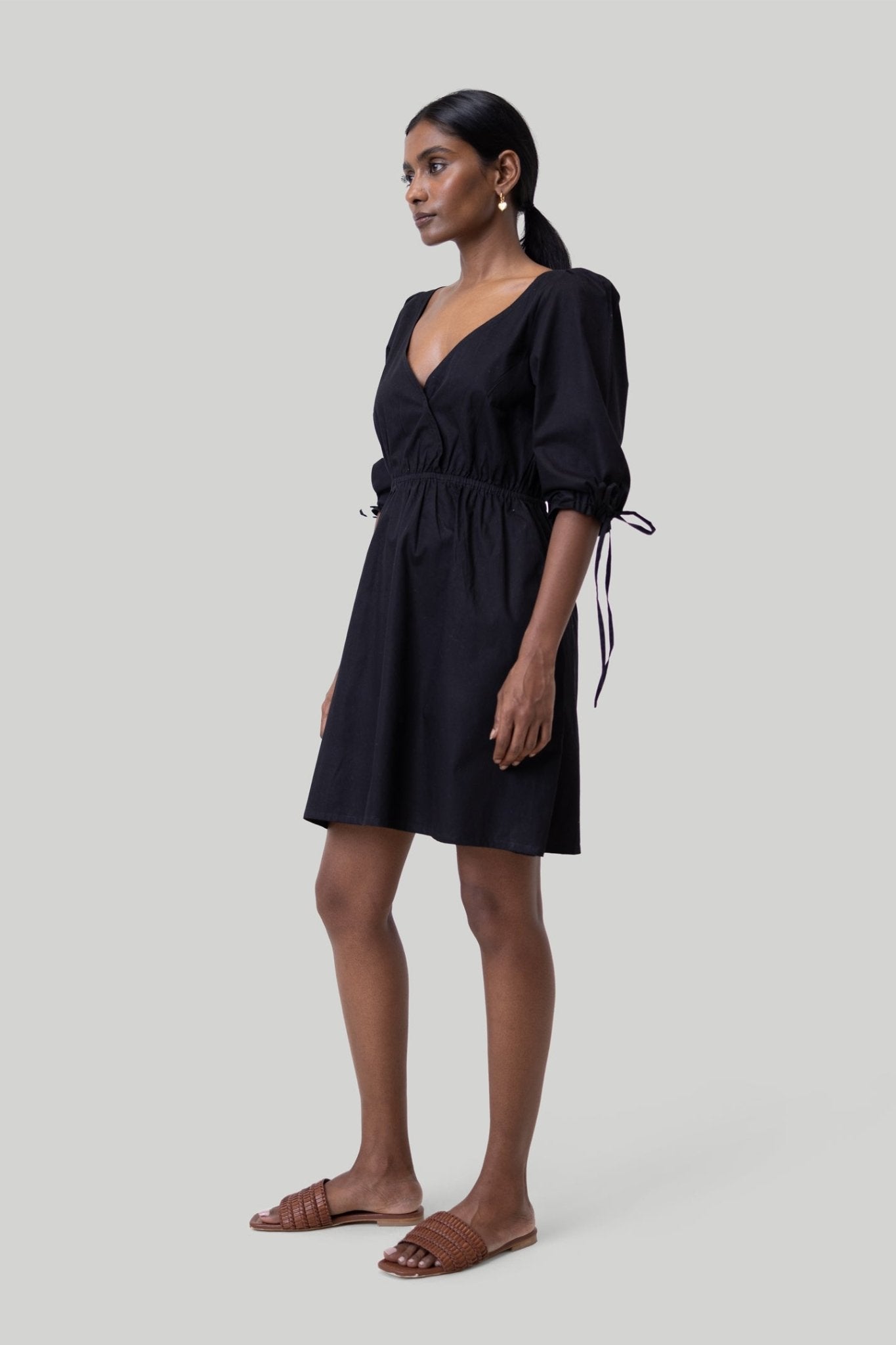 Gathered Elbow Sleeve Short Dress in Black - Eco4life Clothing and Accessories