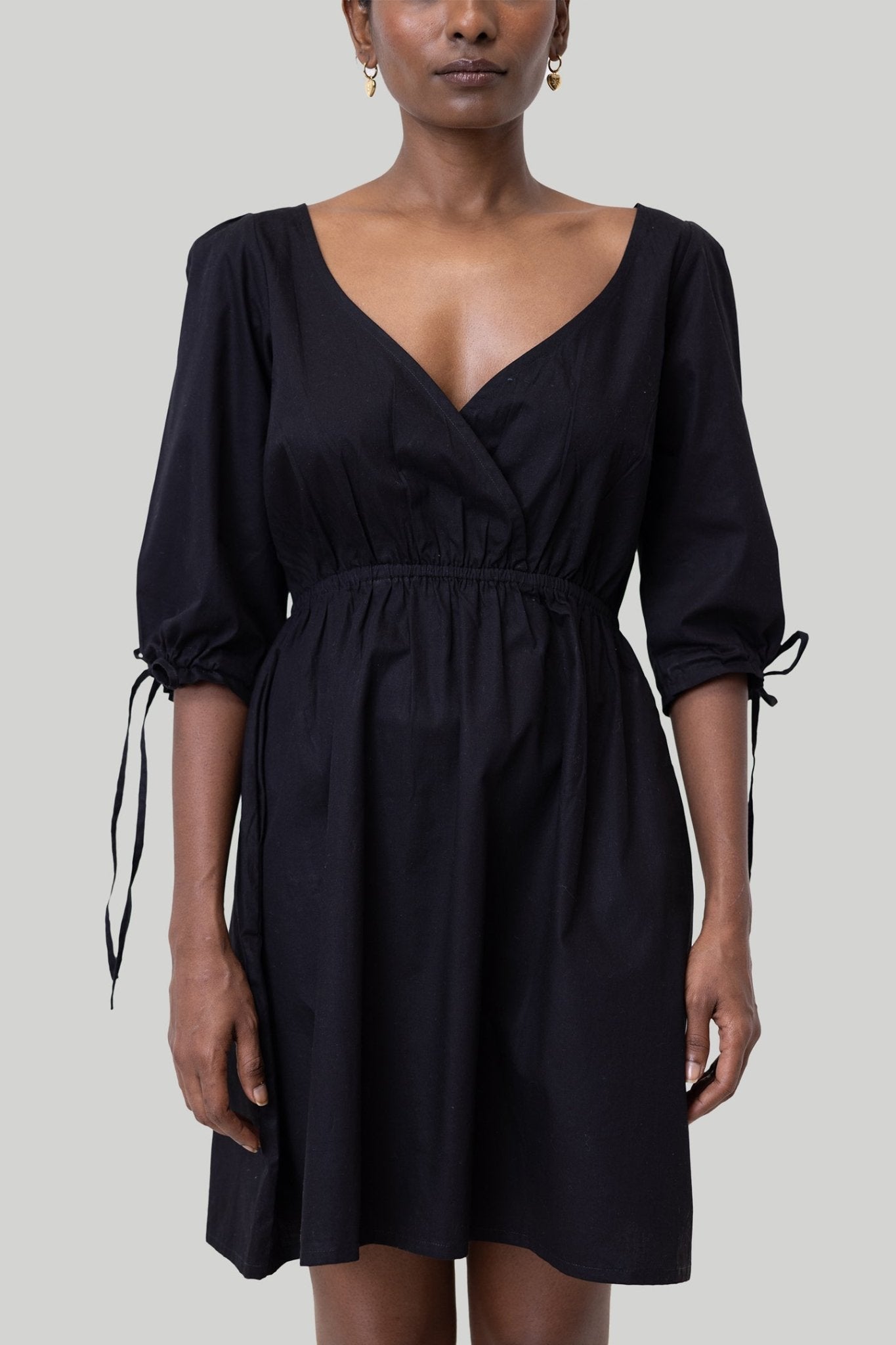 Gathered Elbow Sleeve Short Dress in Black - Eco4life Clothing and Accessories