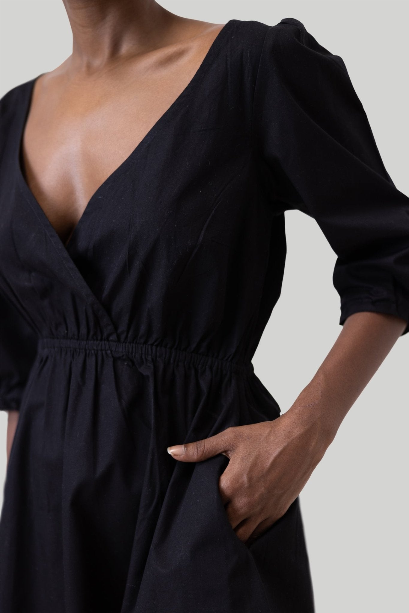 Gathered Elbow Sleeve Short Dress in Black - Eco4life Clothing and Accessories