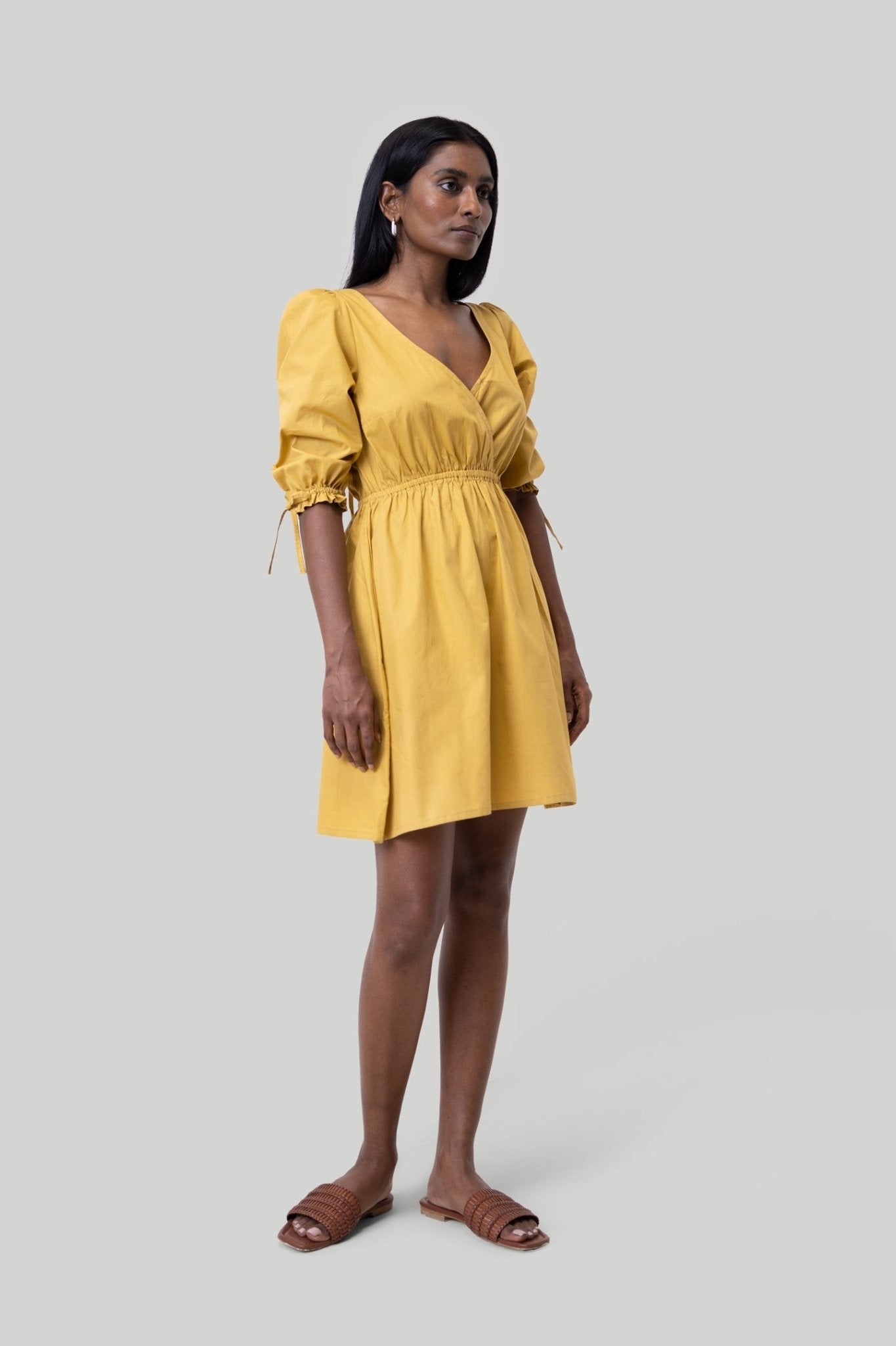 Gathered Elbow Sleeve Short Dress in Mustard - Eco4life Clothing and Accessories