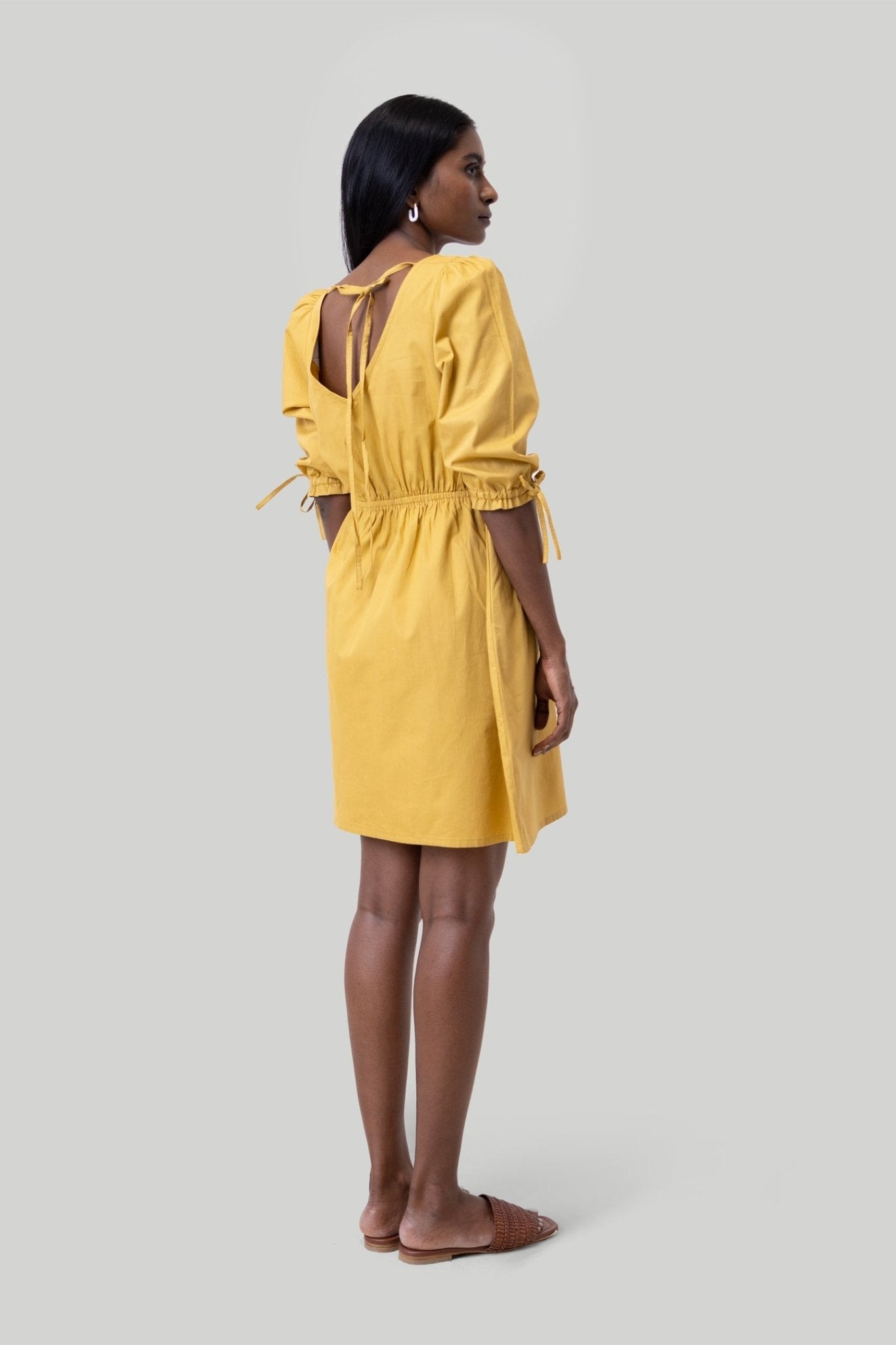 Gathered Elbow Sleeve Short Dress in Mustard - Eco4life Clothing and Accessories