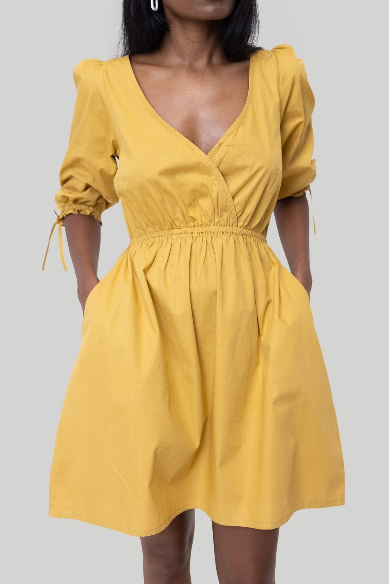 Gathered Elbow Sleeve Short Dress in Mustard - Eco4life Clothing and Accessories