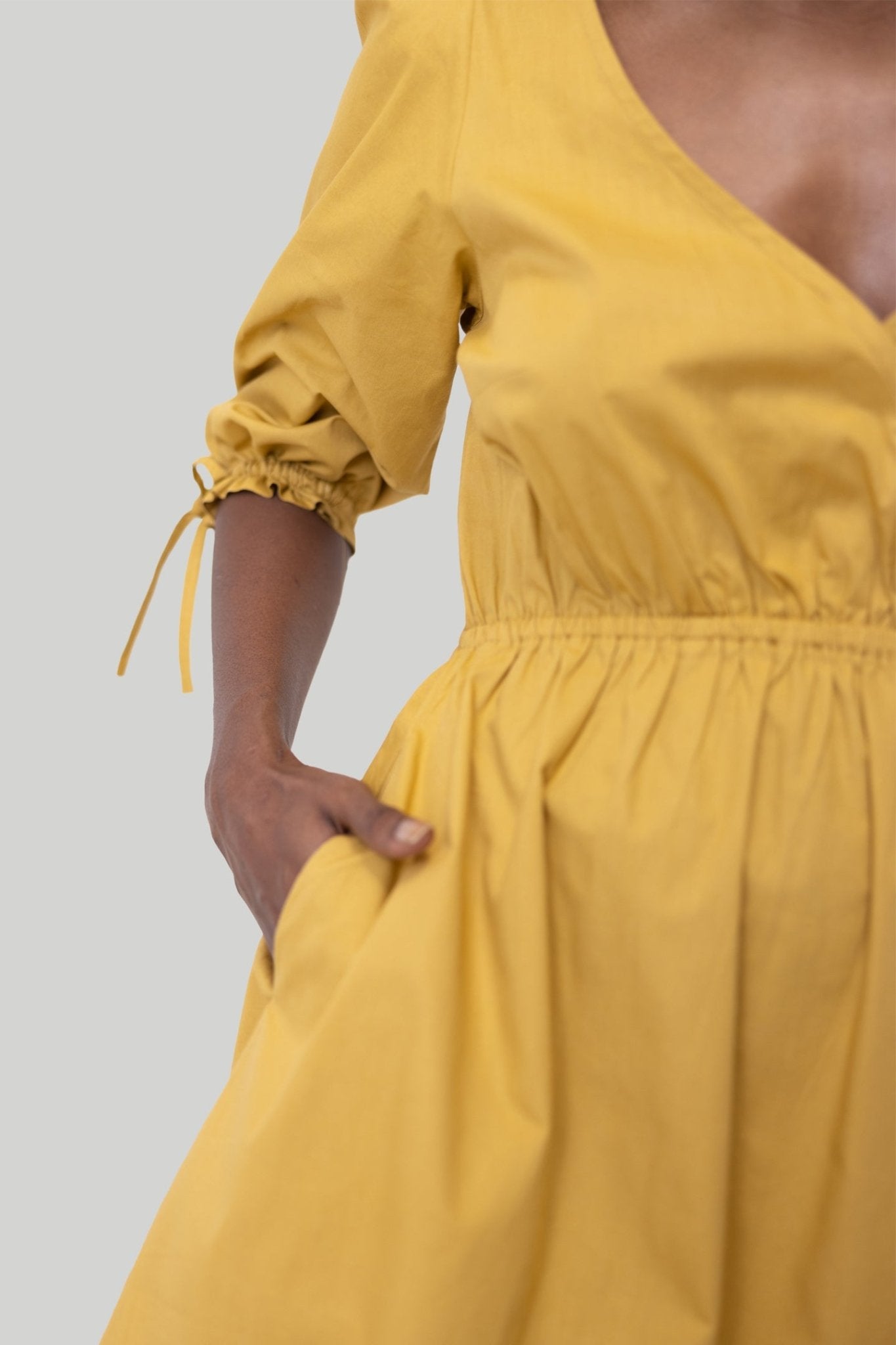 Gathered Elbow Sleeve Short Dress in Mustard - Eco4life Clothing and Accessories