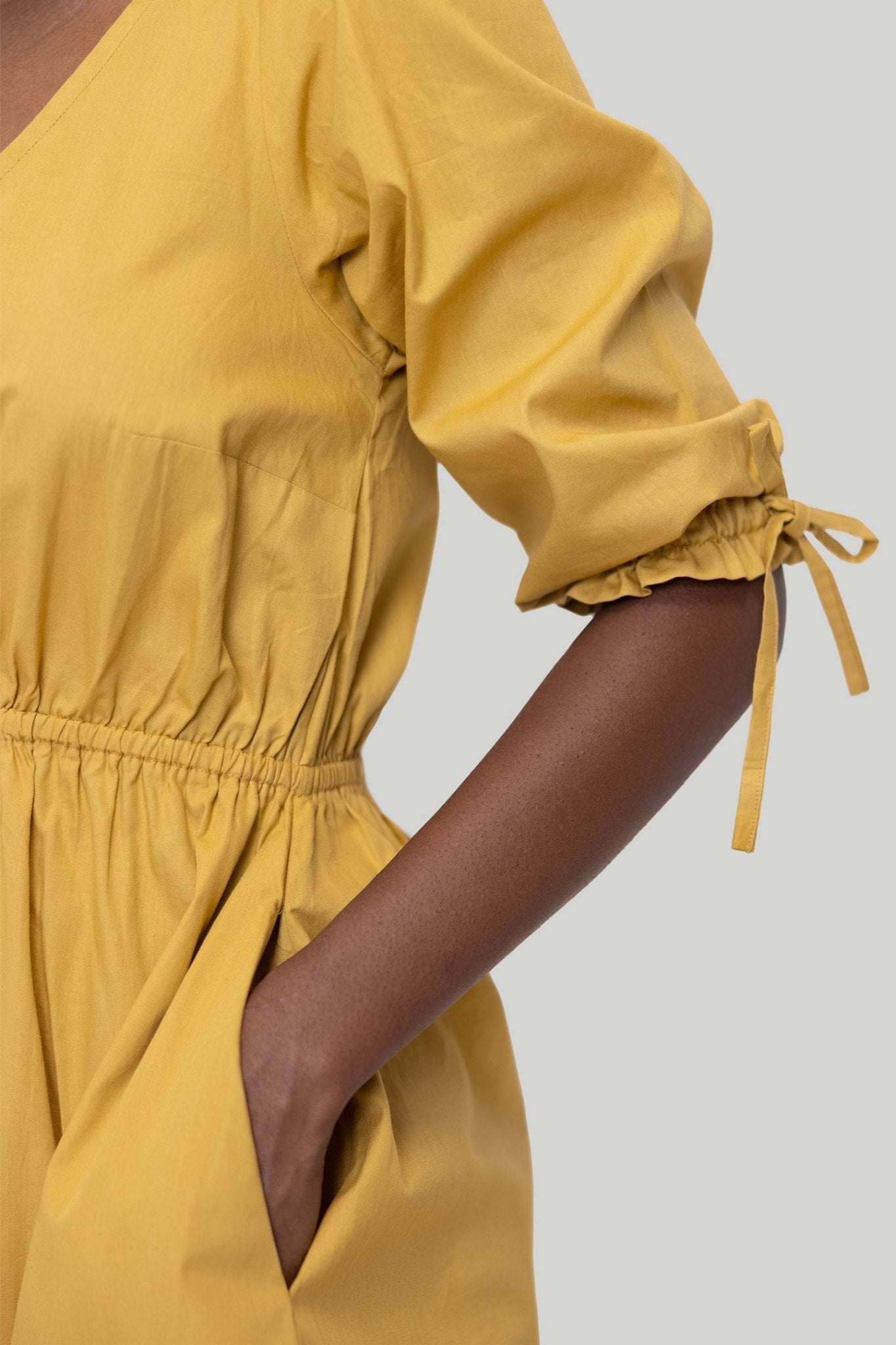 Gathered Elbow Sleeve Short Dress in Mustard - Eco4life Clothing and Accessories