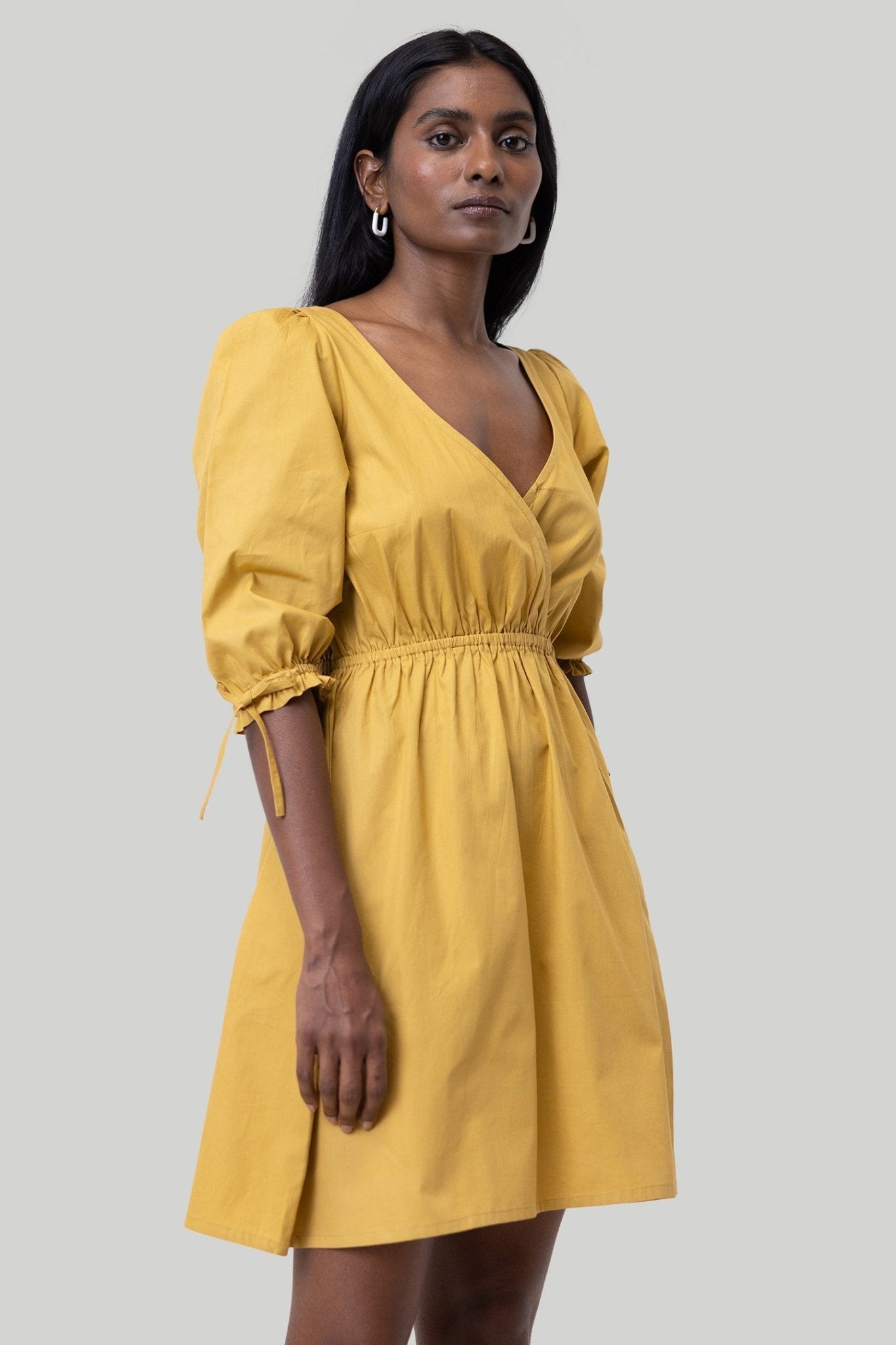 Gathered Elbow Sleeve Short Dress in Mustard - Eco4life Clothing and Accessories