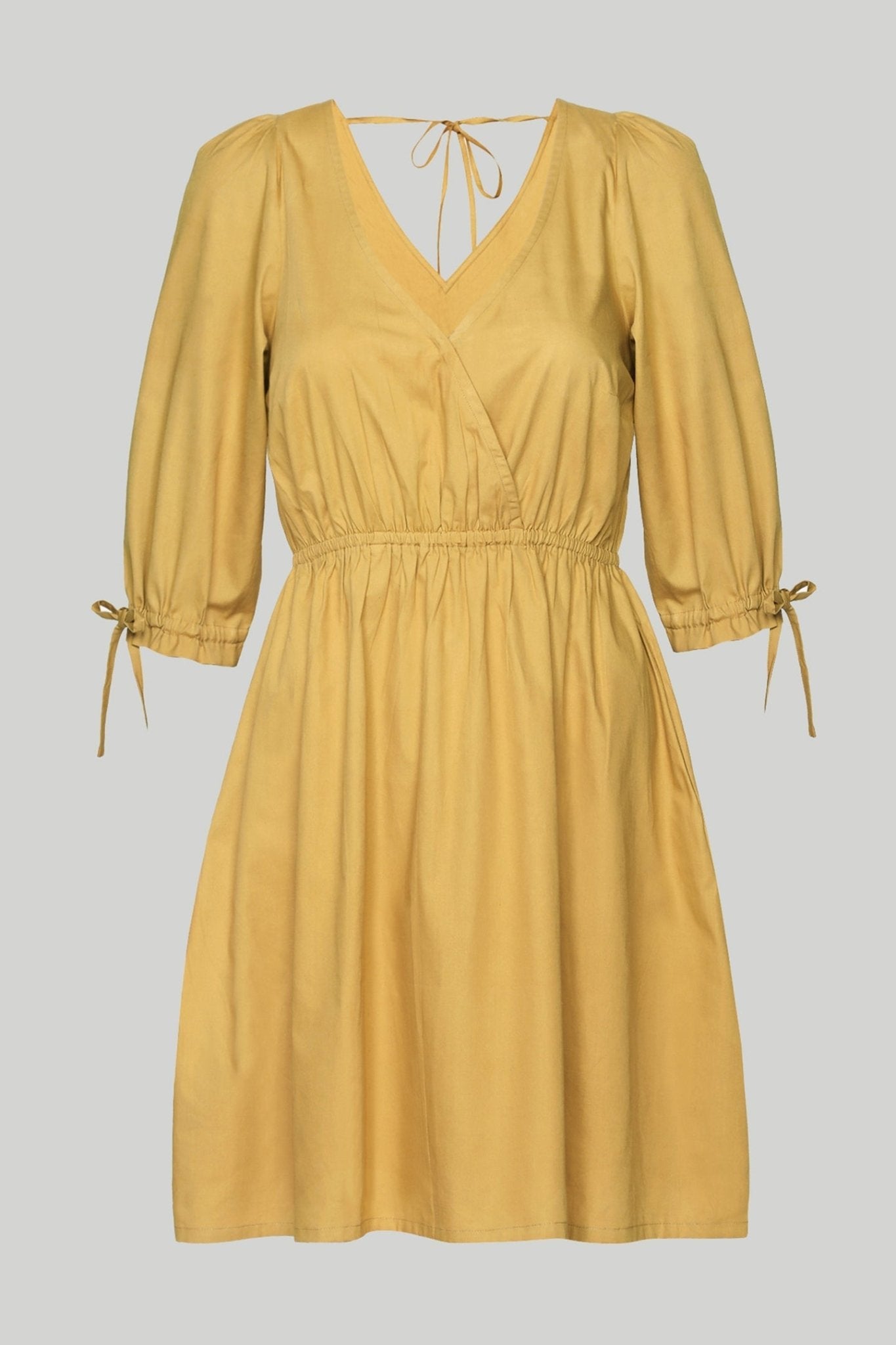 Gathered Elbow Sleeve Short Dress in Mustard - Eco4life Clothing and Accessories