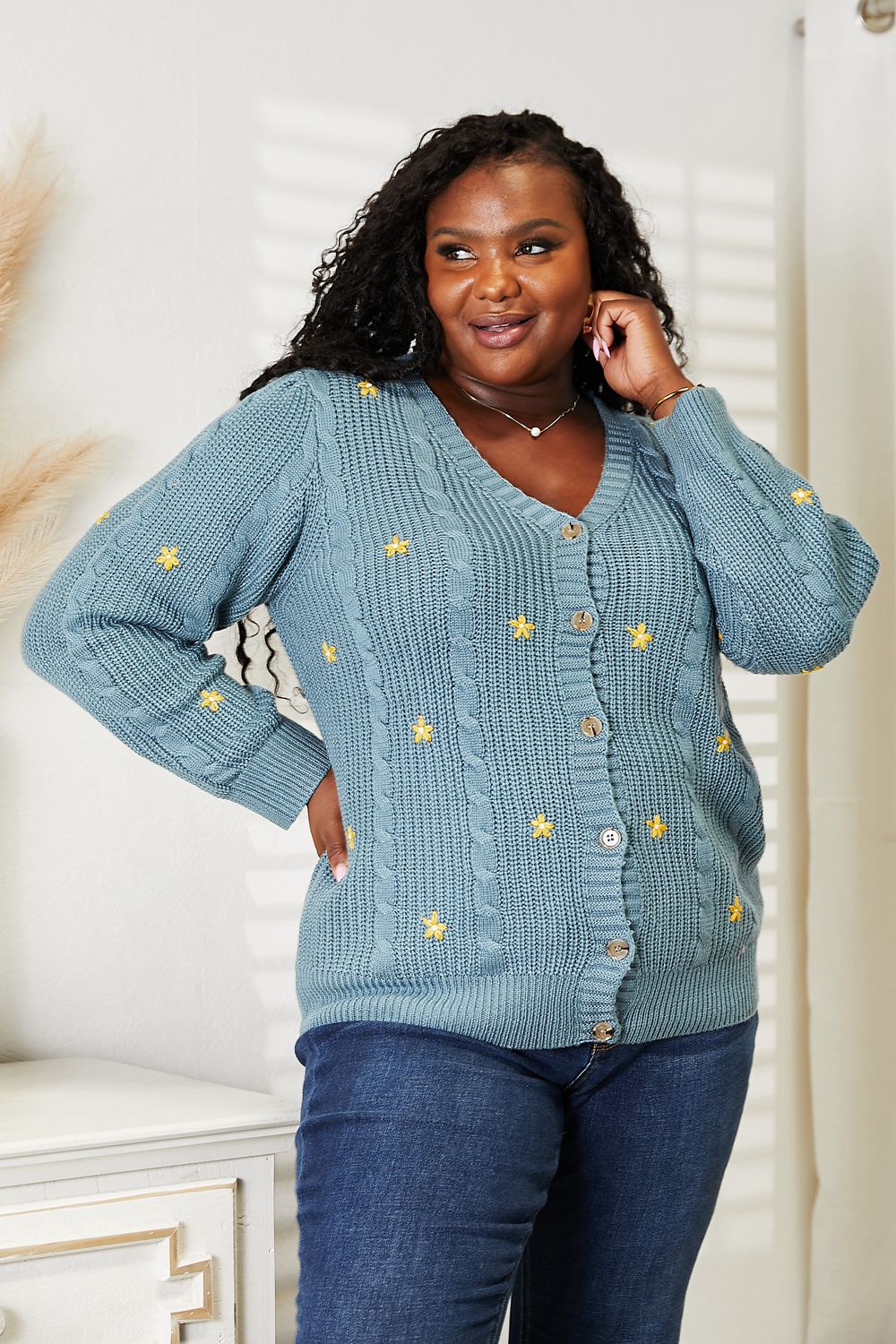 HEYSON Full Size Floral Embroidered Cable Cardigan - Eco4life Clothing and Accessories