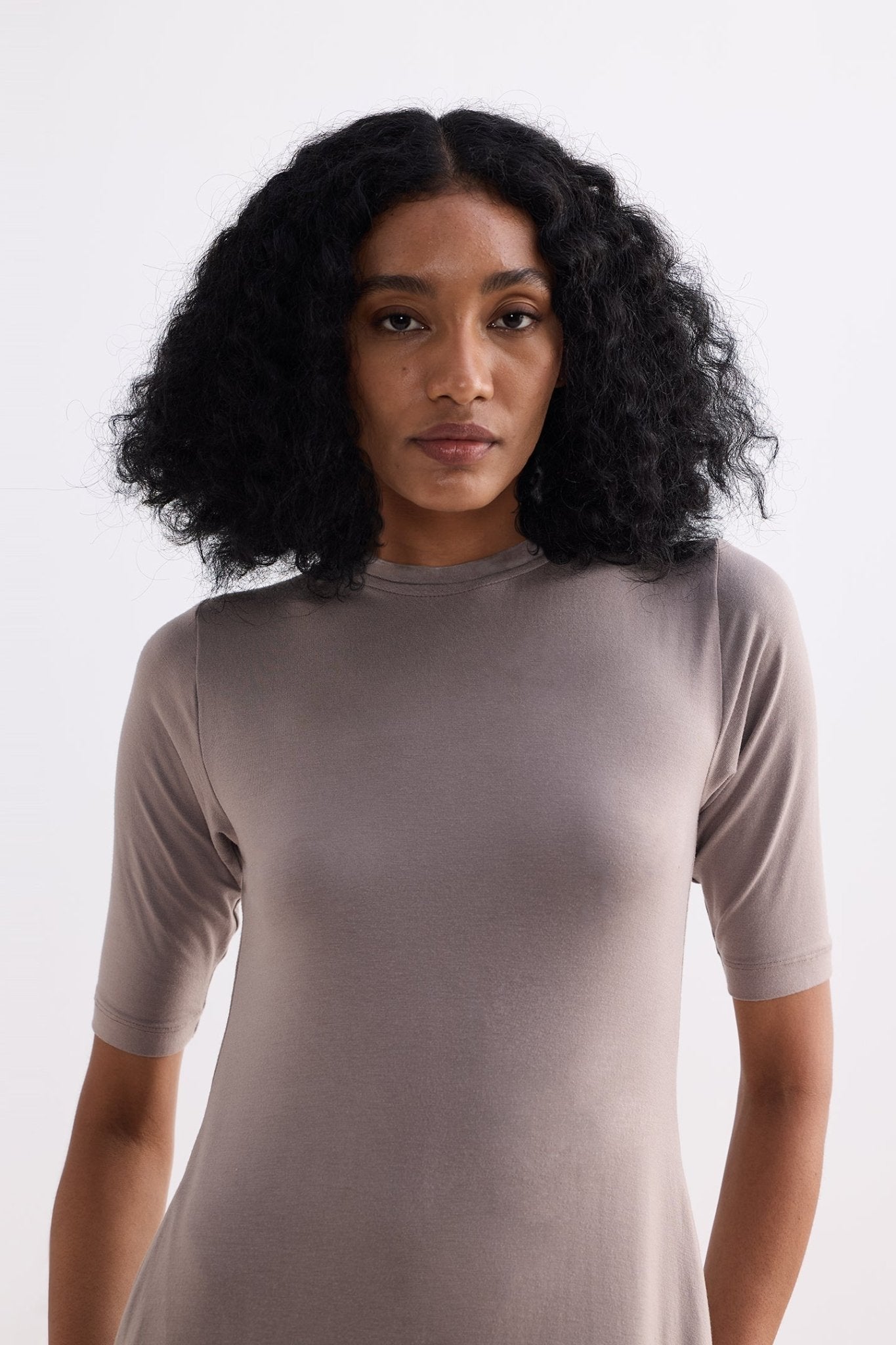 High Crew Neck Elbow Sleeves Fitted Dress in Dusty Brown - Eco4life Clothing and Accessories