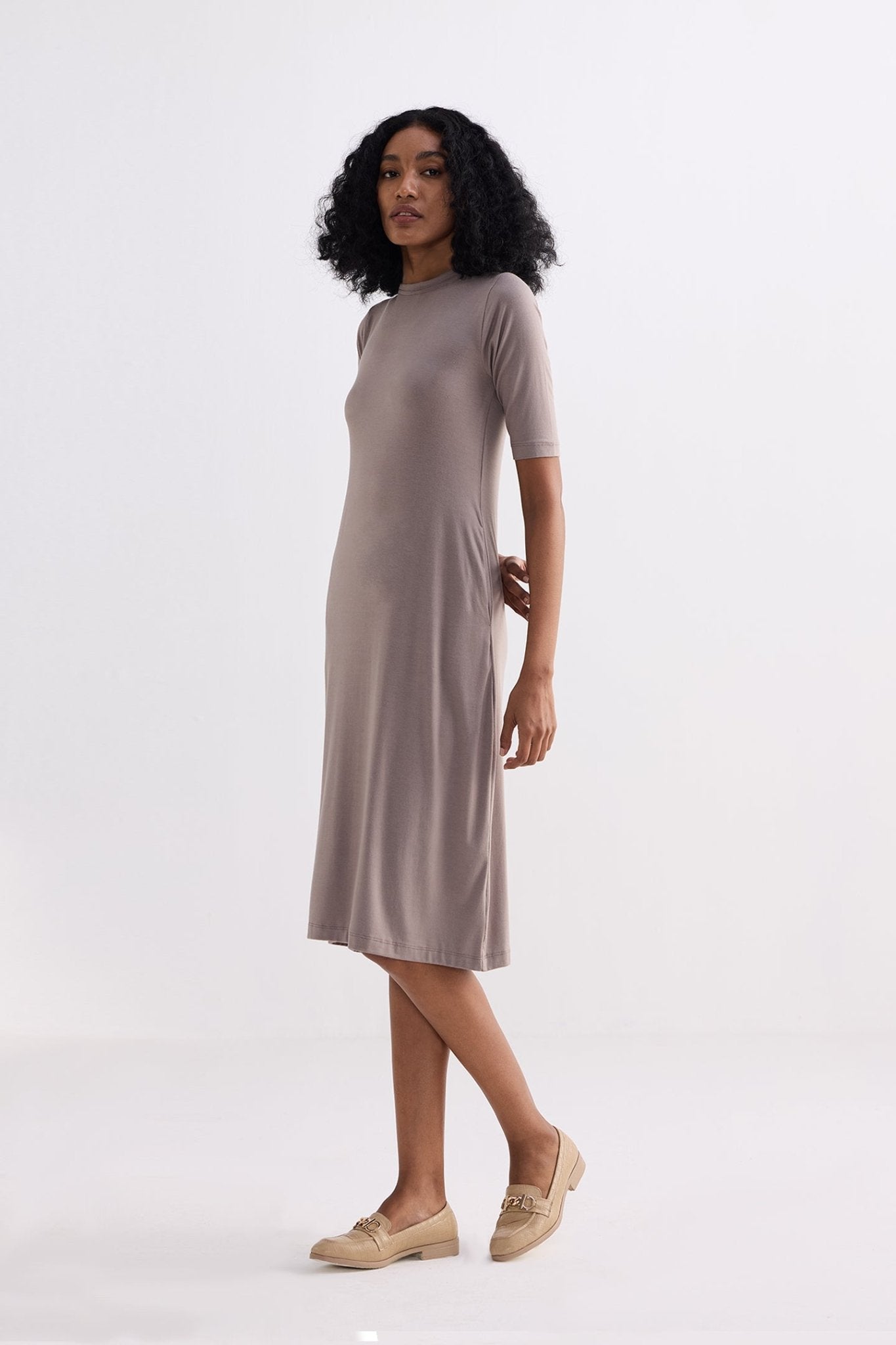 High Crew Neck Elbow Sleeves Fitted Dress in Dusty Brown - Eco4life Clothing and Accessories
