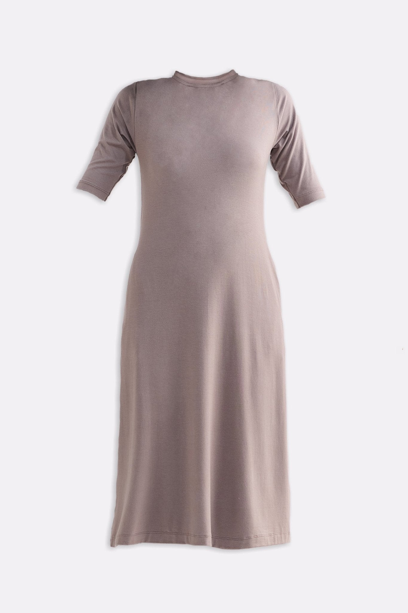 High Crew Neck Elbow Sleeves Fitted Dress in Dusty Brown - Eco4life Clothing and Accessories