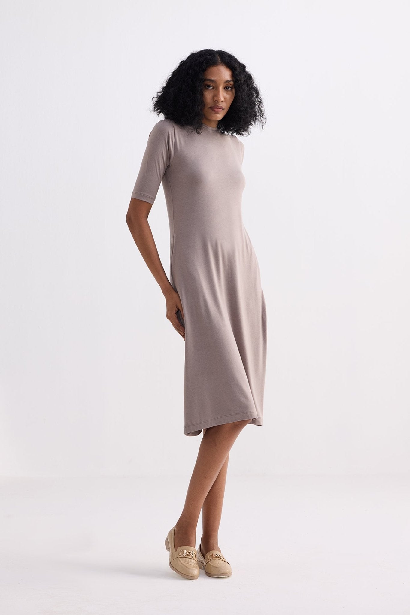High Crew Neck Elbow Sleeves Fitted Dress in Dusty Brown - Eco4life Clothing and Accessories