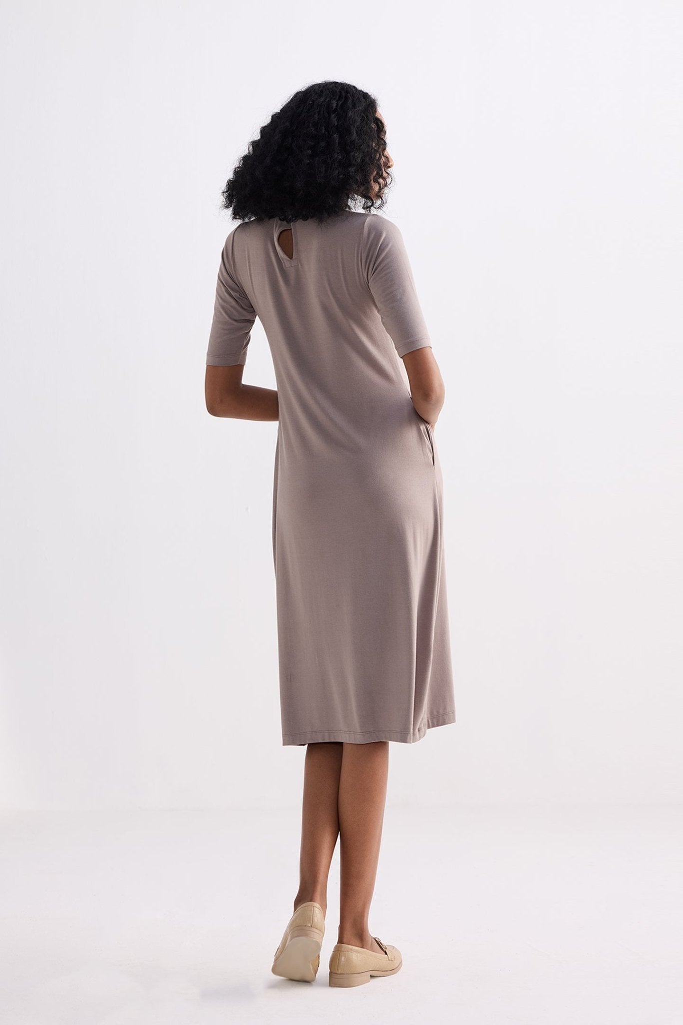 High Crew Neck Elbow Sleeves Fitted Dress in Dusty Brown - Eco4life Clothing and Accessories