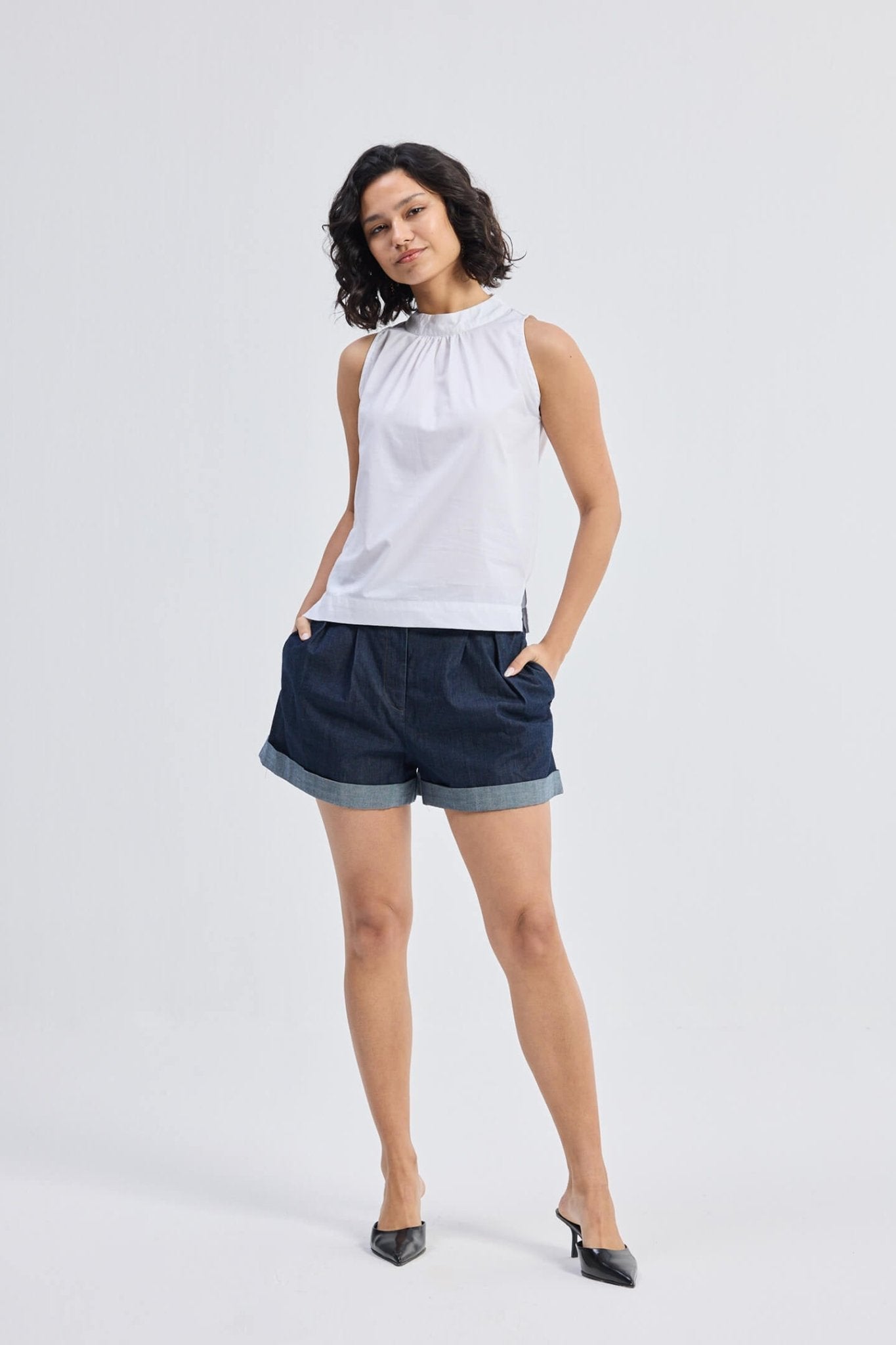 High - Neck Top with Gathers in White - Eco4life Clothing and Accessories