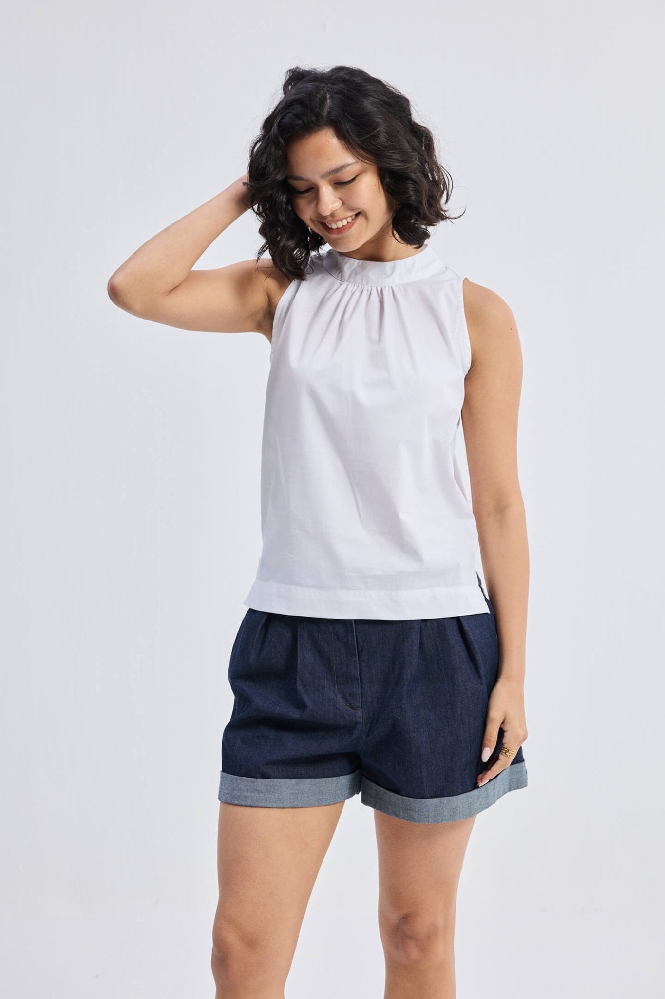 High - Neck Top with Gathers in White - Eco4life Clothing and Accessories