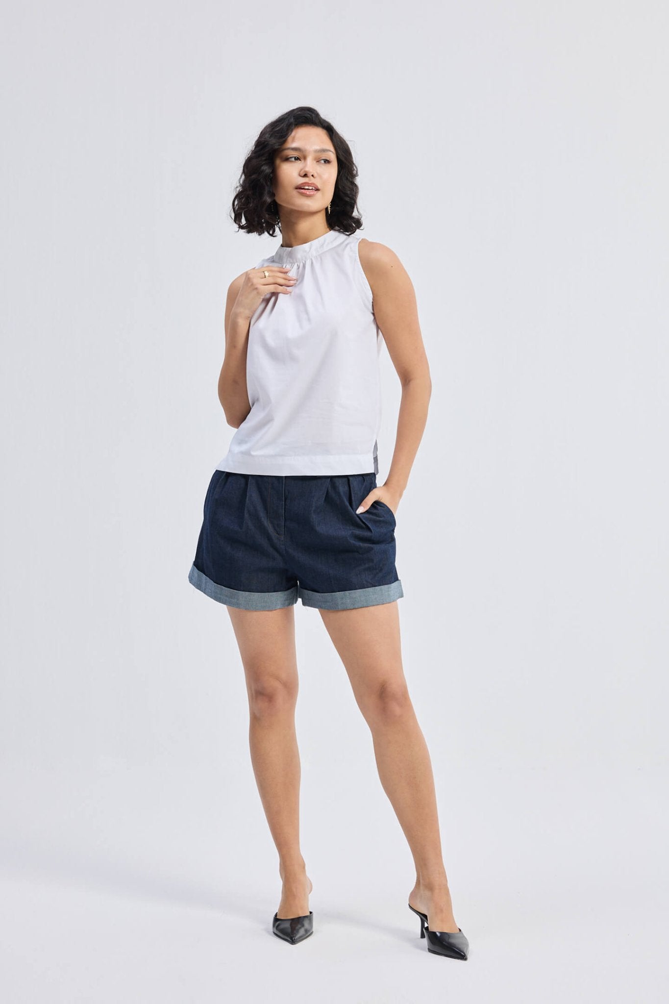 High - Neck Top with Gathers in White - Eco4life Clothing and Accessories
