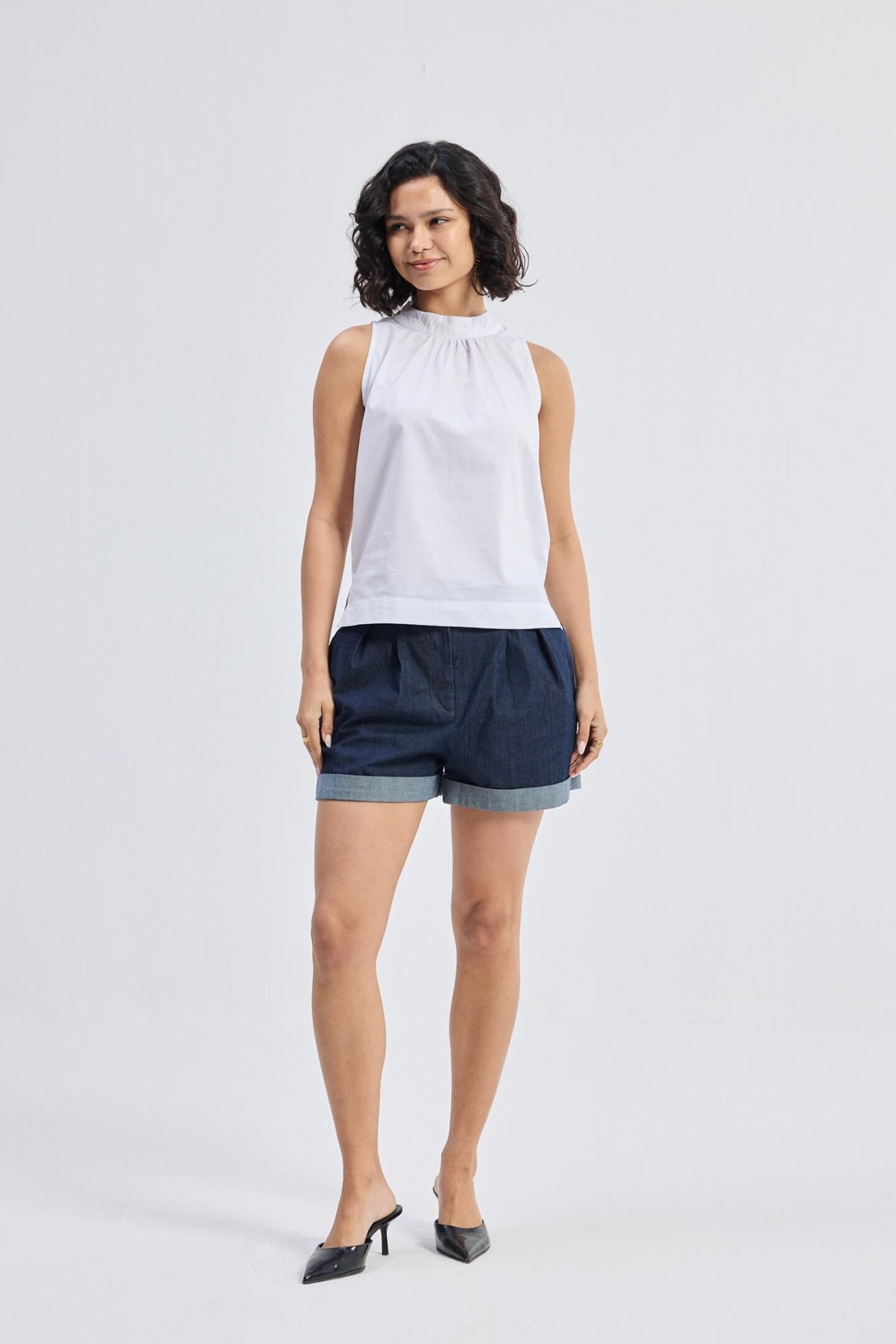 High - Neck Top with Gathers in White - Eco4life Clothing and Accessories