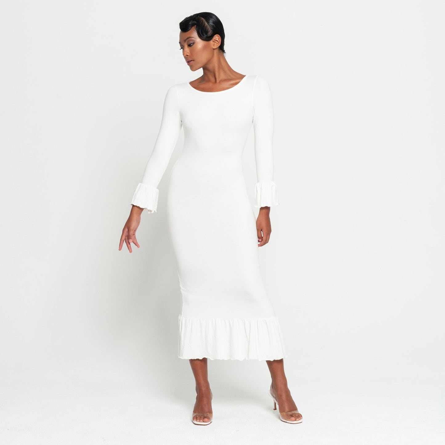 MARJORIE Bamboo Ruffle Dress, in Off - white - Eco4life Clothing and Accessories