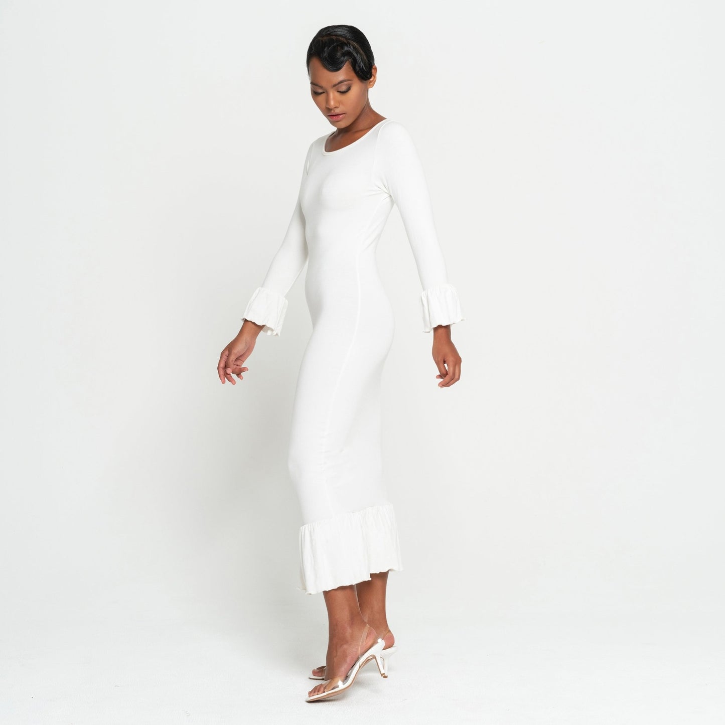 MARJORIE Bamboo Ruffle Dress, in Off - white - Eco4life Clothing and Accessories
