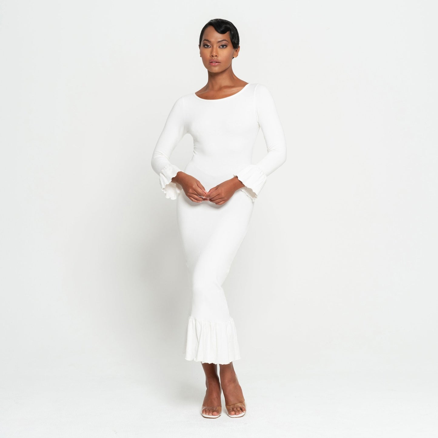 MARJORIE Bamboo Ruffle Dress, in Off - white - Eco4life Clothing and Accessories
