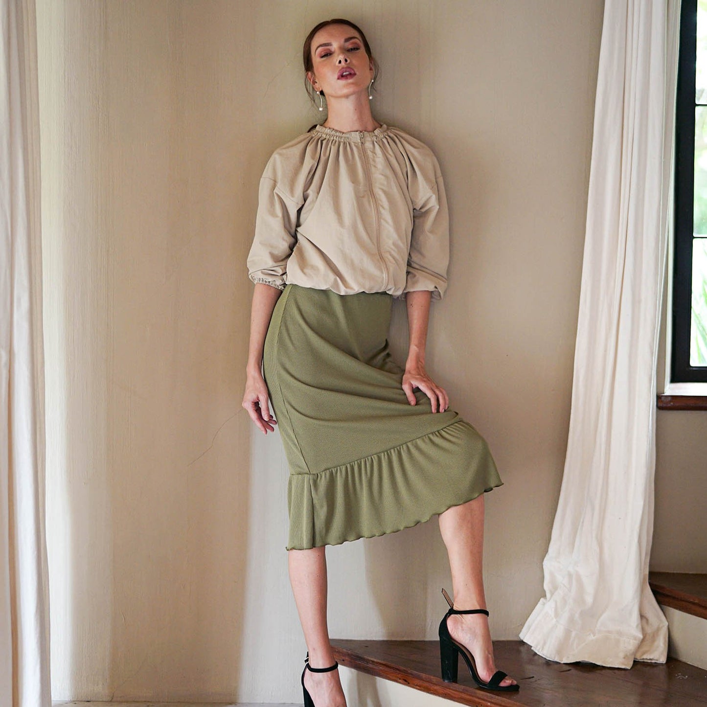 MARJORIE Ruffle Rib Skirt In Moss Green - Eco4life Clothing and Accessories