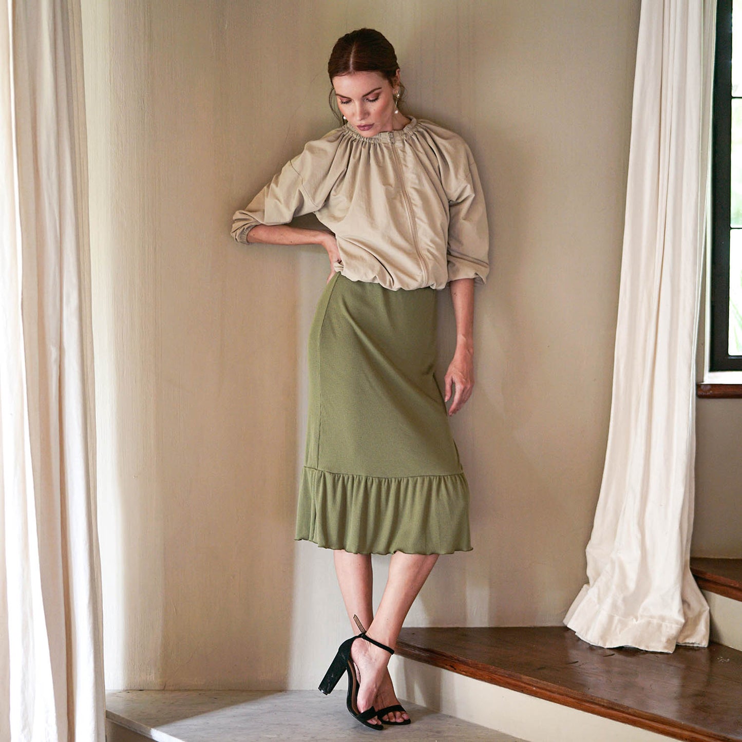 MARJORIE Ruffle Rib Skirt In Moss Green - Eco4life Clothing and Accessories