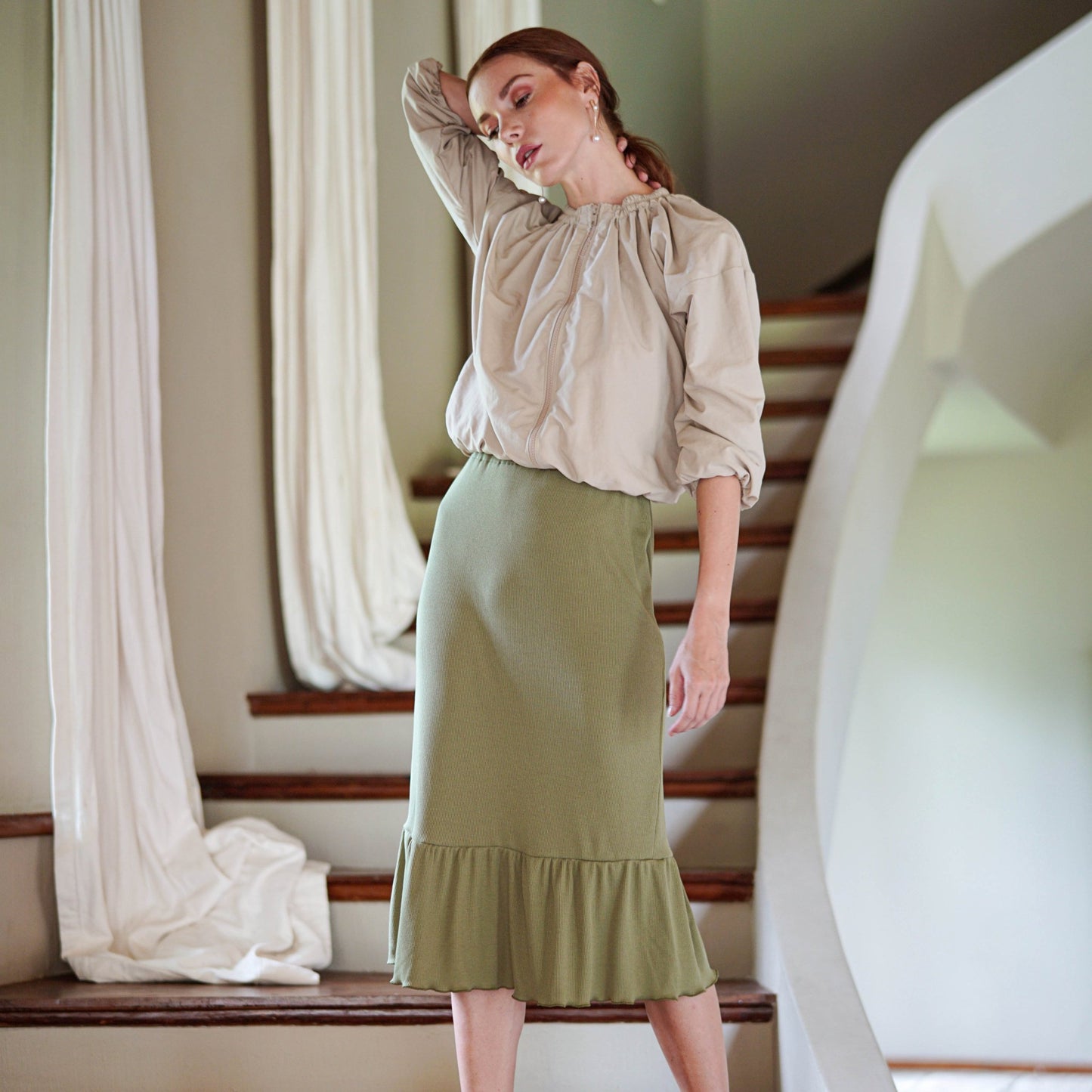MARJORIE Ruffle Rib Skirt In Moss Green - Eco4life Clothing and Accessories