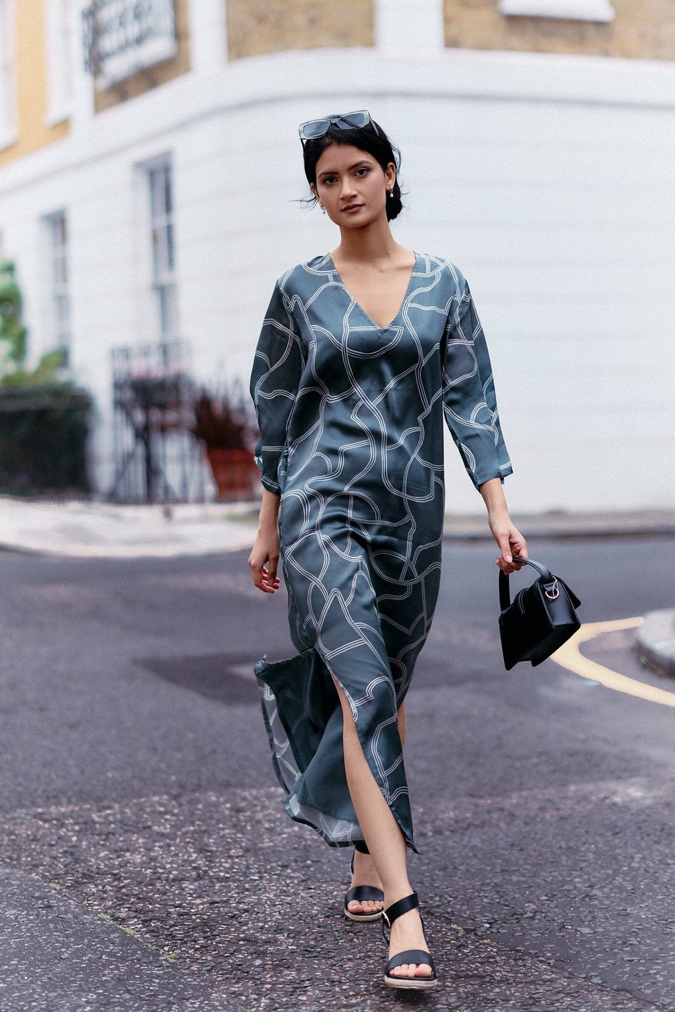 Maxi Dress with Side Slits in Abstract Stripes - Eco4life Clothing and Accessories