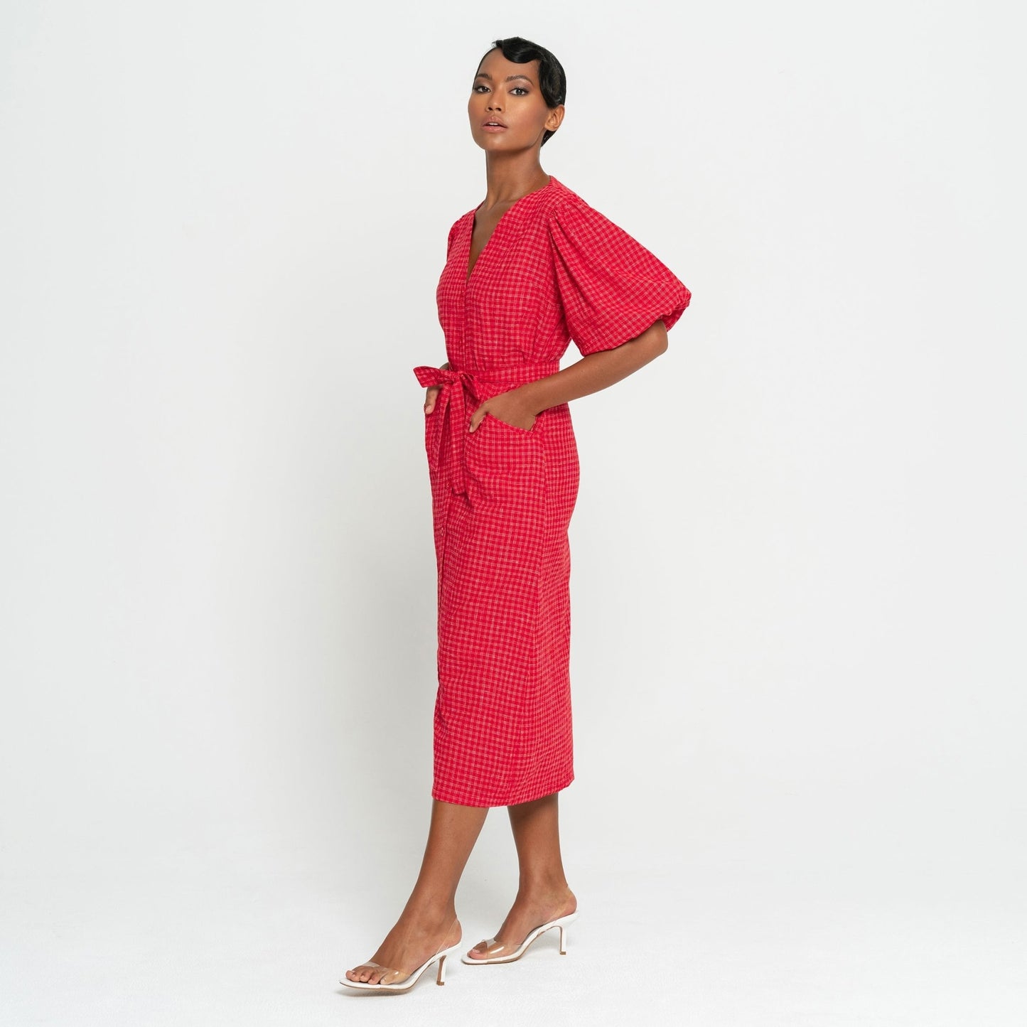 MEGHAN Gingham Hemp Midi Dress In Scarlet Red - Eco4life Clothing and Accessories