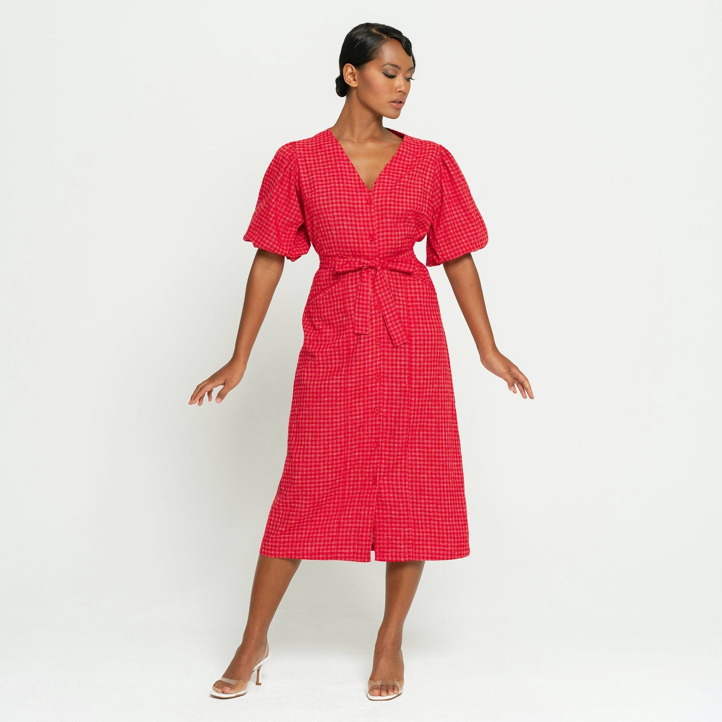 MEGHAN Gingham Hemp Midi Dress In Scarlet Red - Eco4life Clothing and Accessories