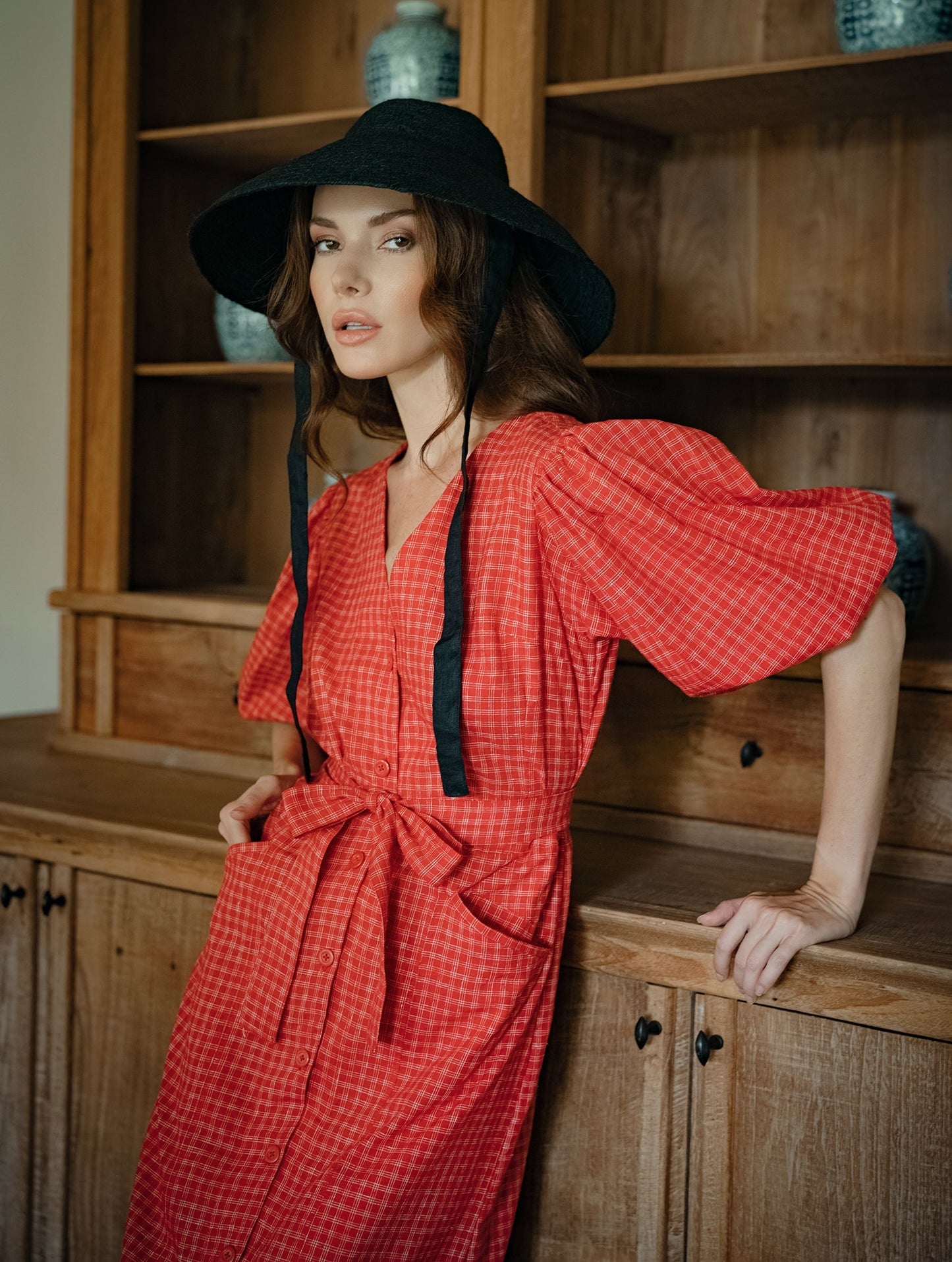 MEGHAN Gingham Hemp Midi Dress In Scarlet Red - Eco4life Clothing and Accessories