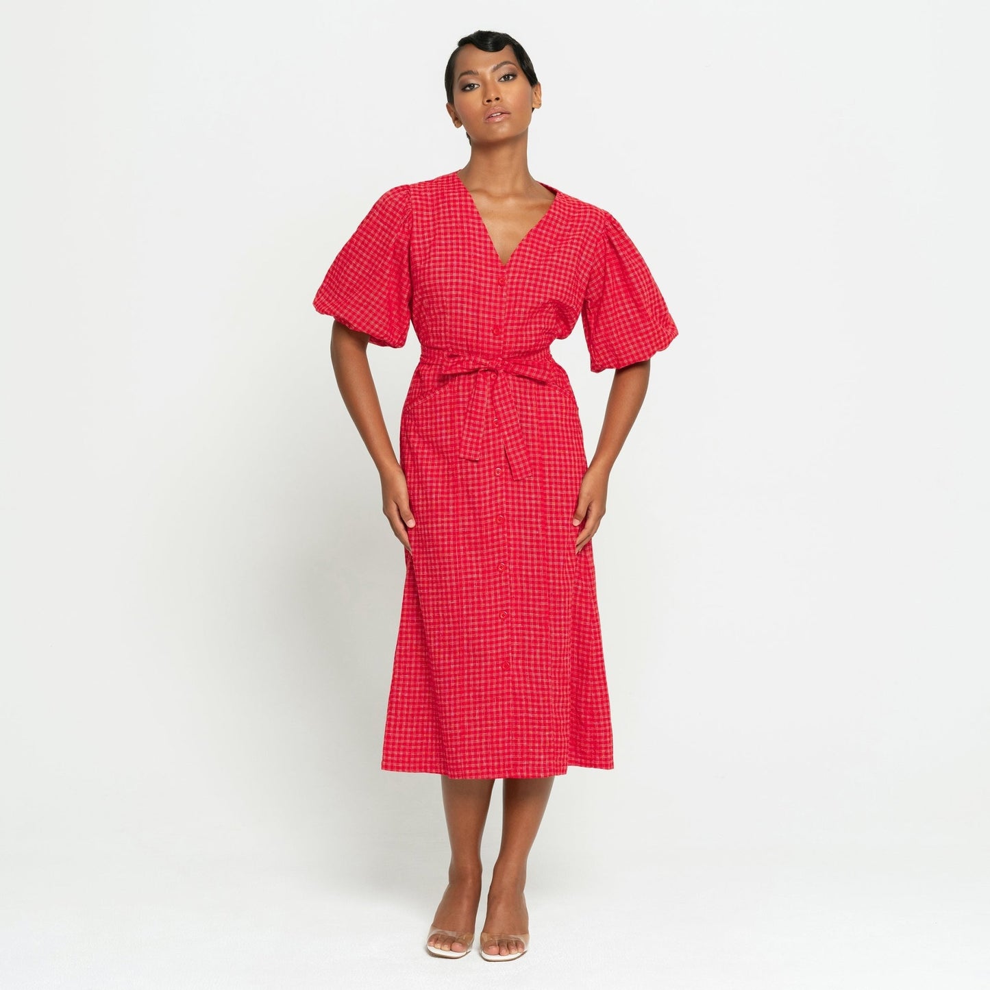 MEGHAN Gingham Hemp Midi Dress In Scarlet Red - Eco4life Clothing and Accessories