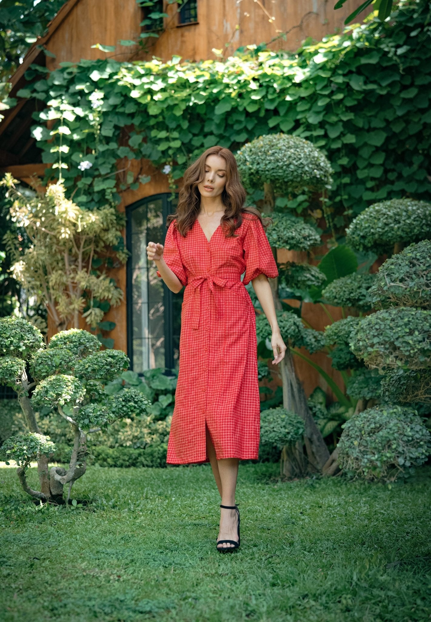 MEGHAN Gingham Hemp Midi Dress In Scarlet Red - Eco4life Clothing and Accessories