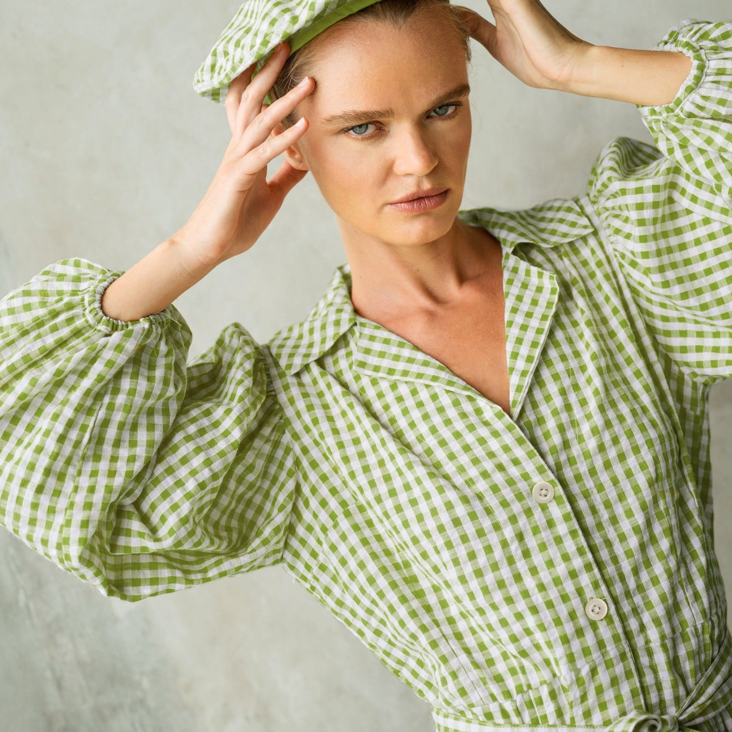 MEGHAN Mini Gingham Dress, in Olive Green - Eco4life Clothing and Accessories