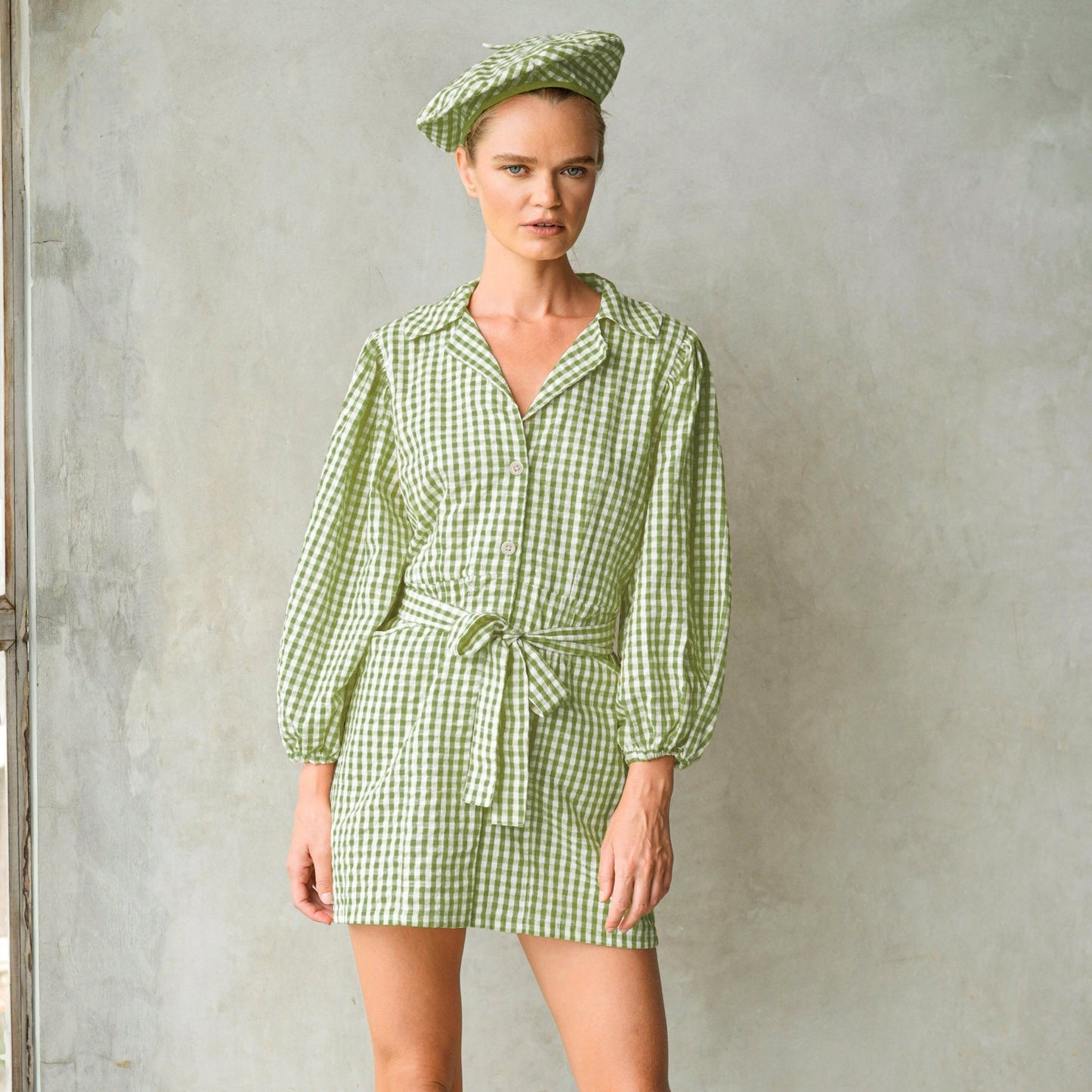 MEGHAN Mini Gingham Dress, in Olive Green - Eco4life Clothing and Accessories
