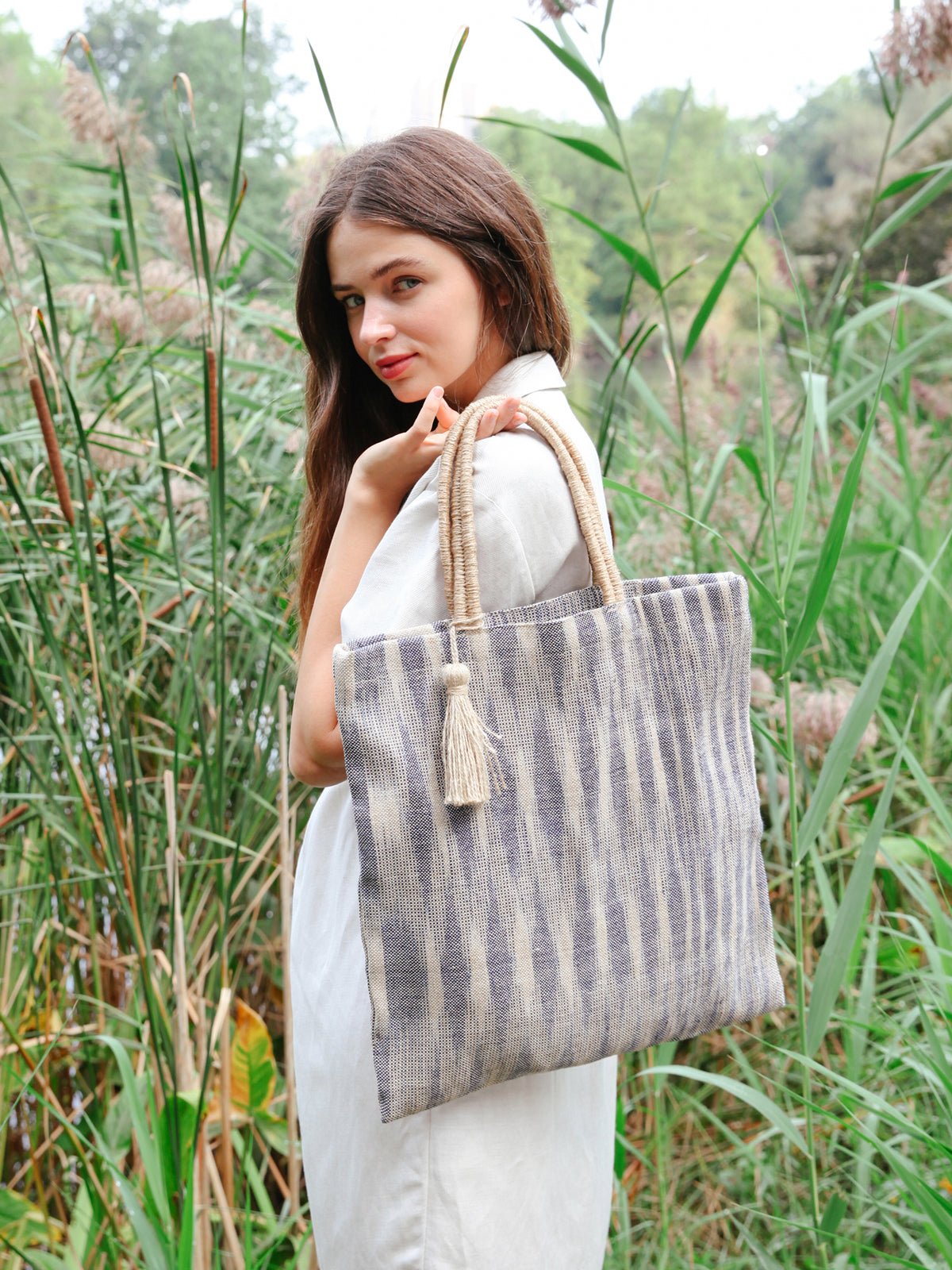 Nadi Jute Tote Bag - Blue - Eco4life Clothing and Accessories