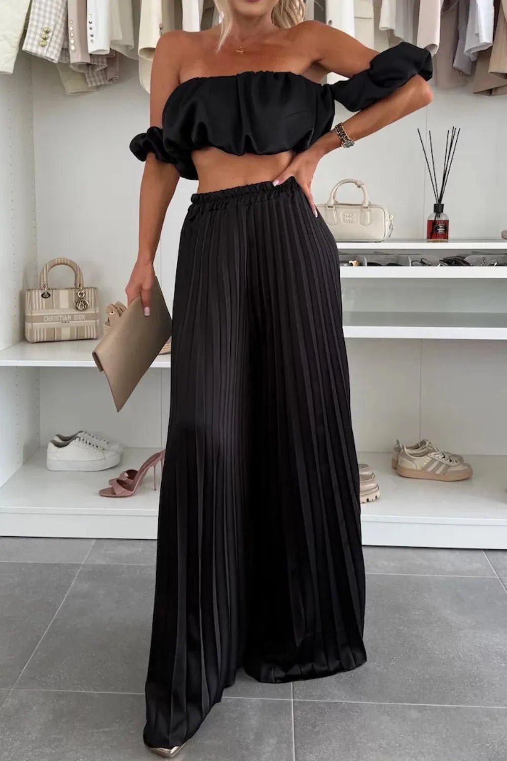 Off - Shoulder Top and Pleated Pants Set - Eco4life Clothing and Accessories