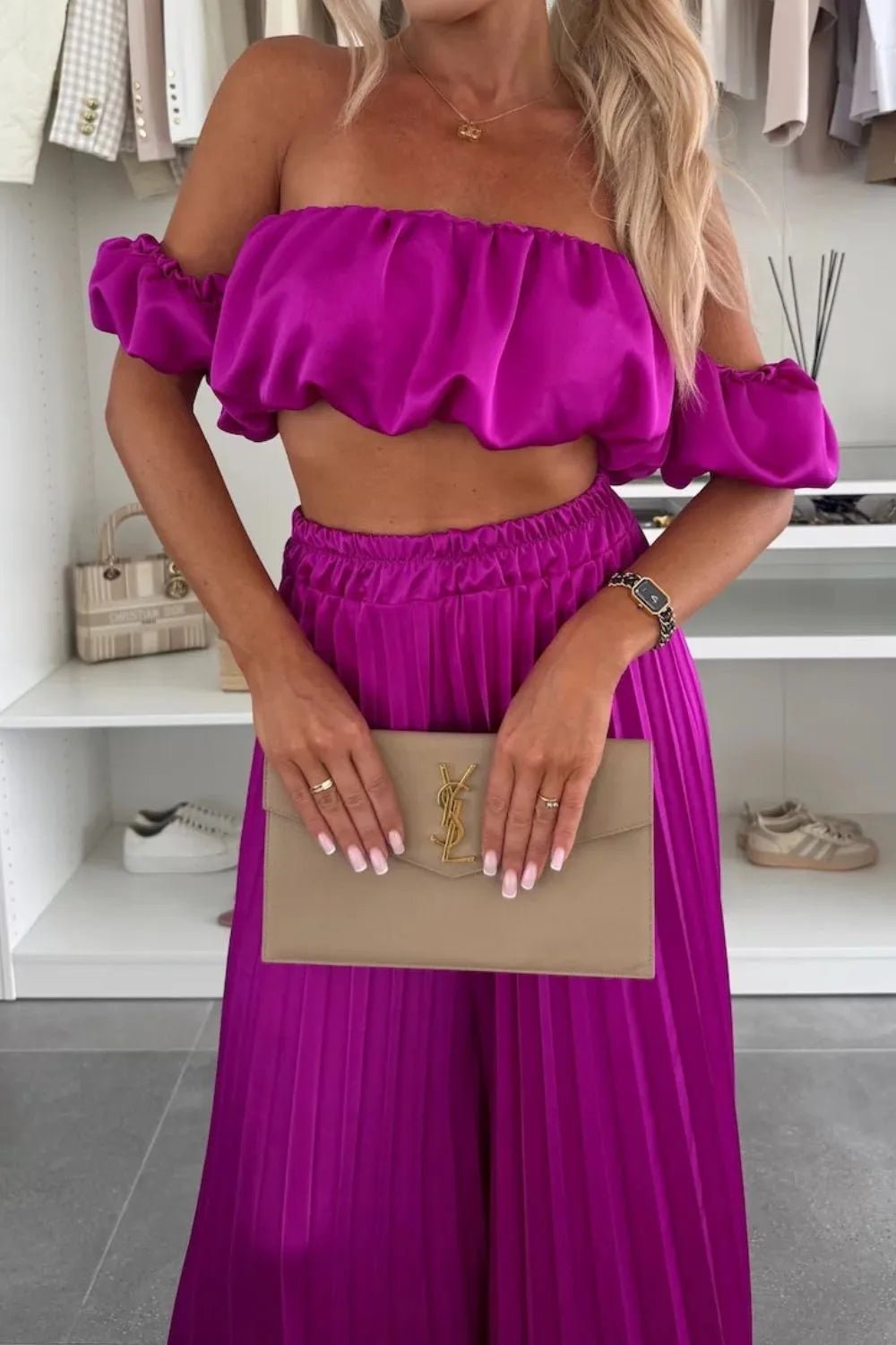 Off - Shoulder Top and Pleated Pants Set - Eco4life Clothing and Accessories