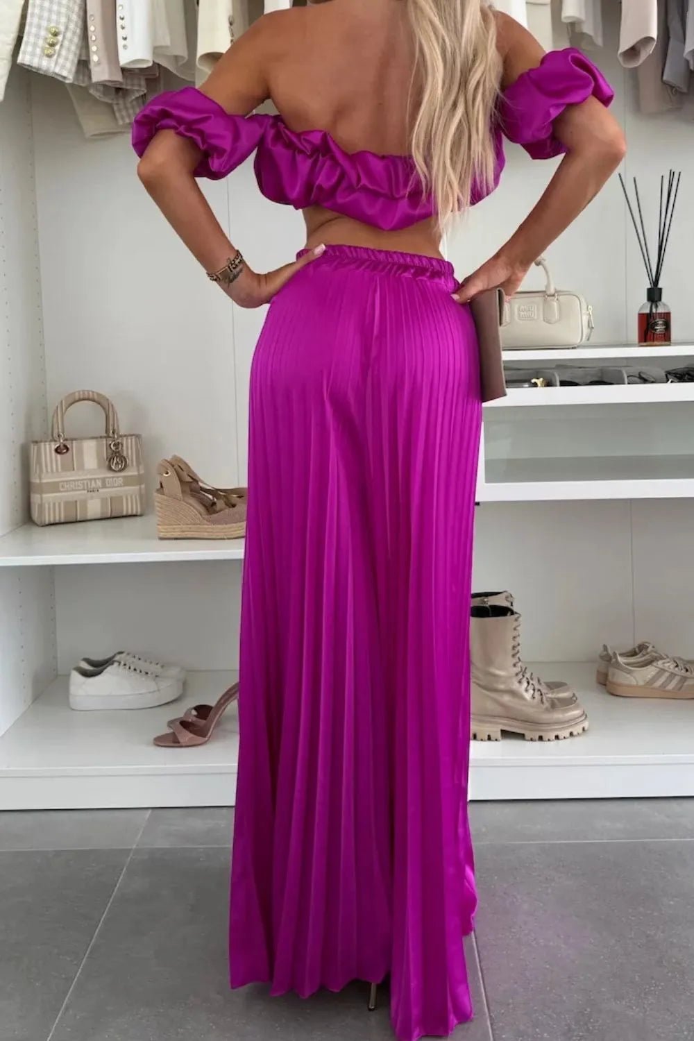 Off - Shoulder Top and Pleated Pants Set - Eco4life Clothing and Accessories