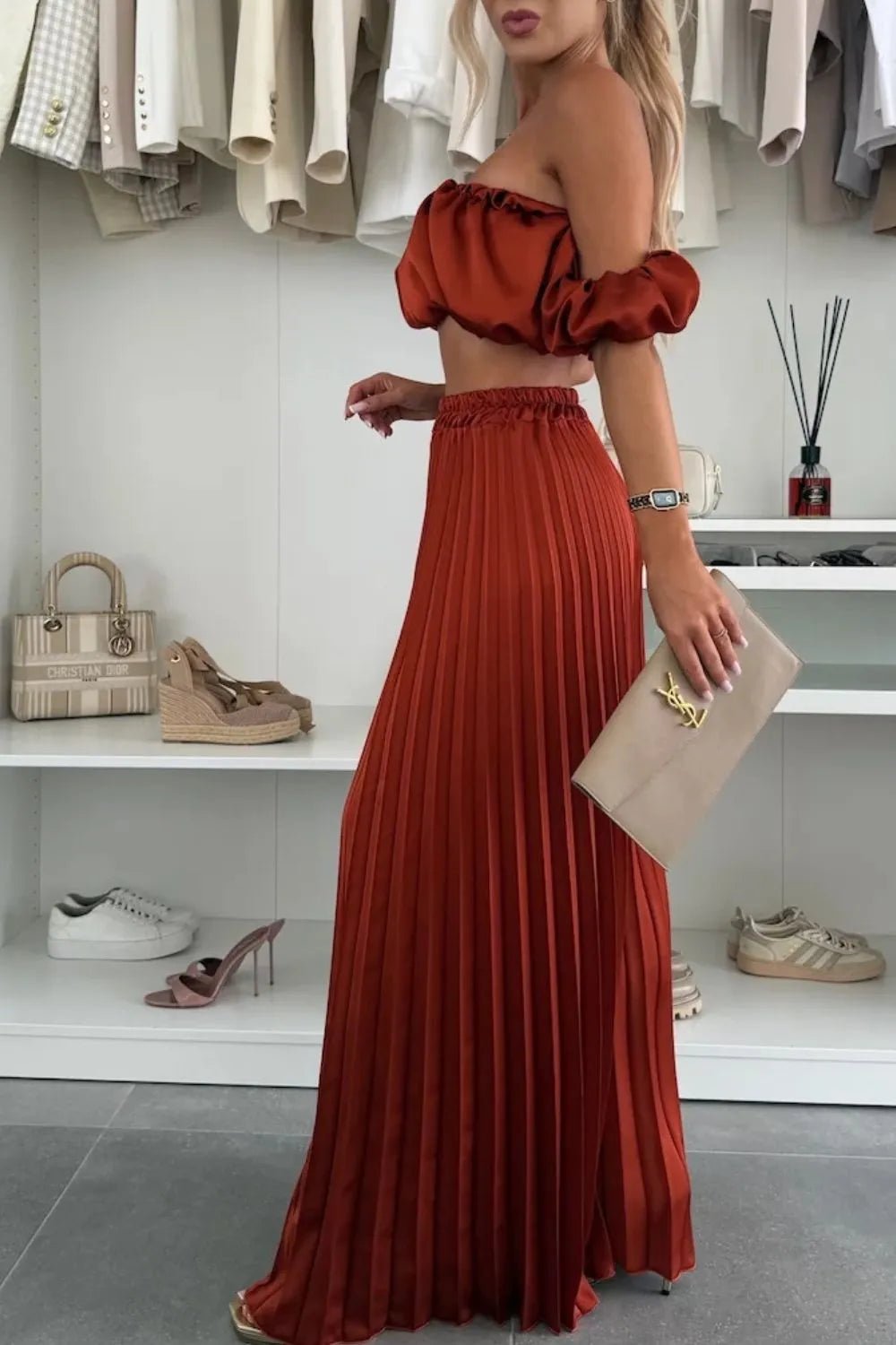 Off - Shoulder Top and Pleated Pants Set - Eco4life Clothing and Accessories