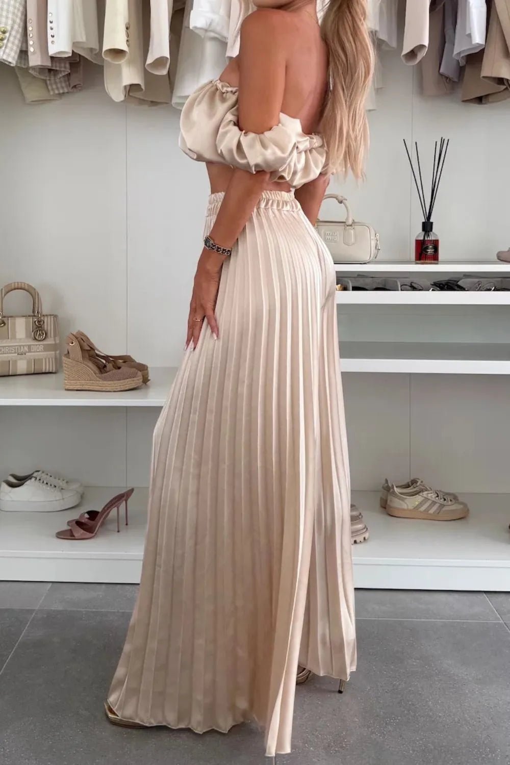 Off - Shoulder Top and Pleated Pants Set - Eco4life Clothing and Accessories