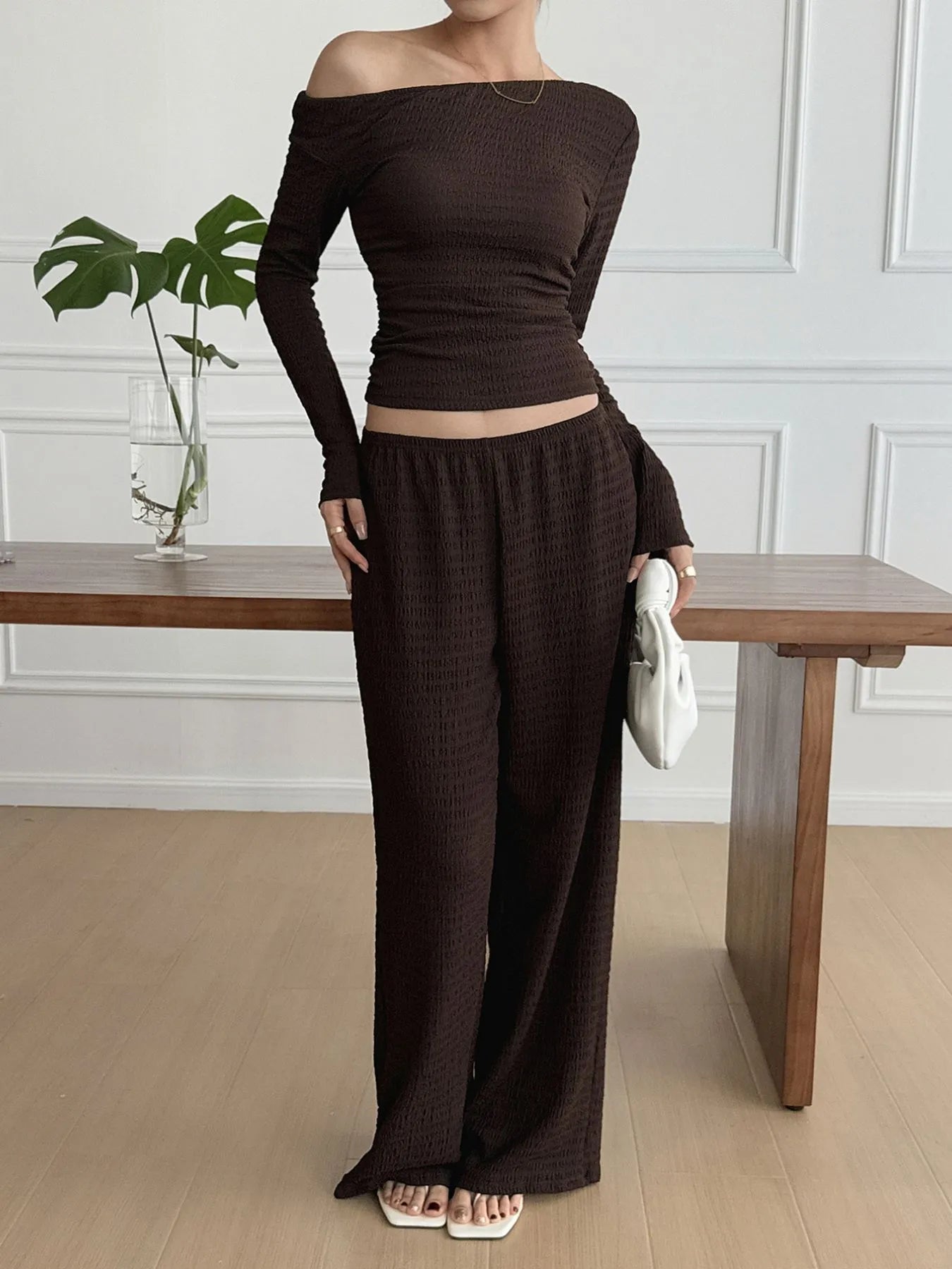 One Shoulder Long Sleeve Top and Pants Set - Eco4life Clothing and Accessories