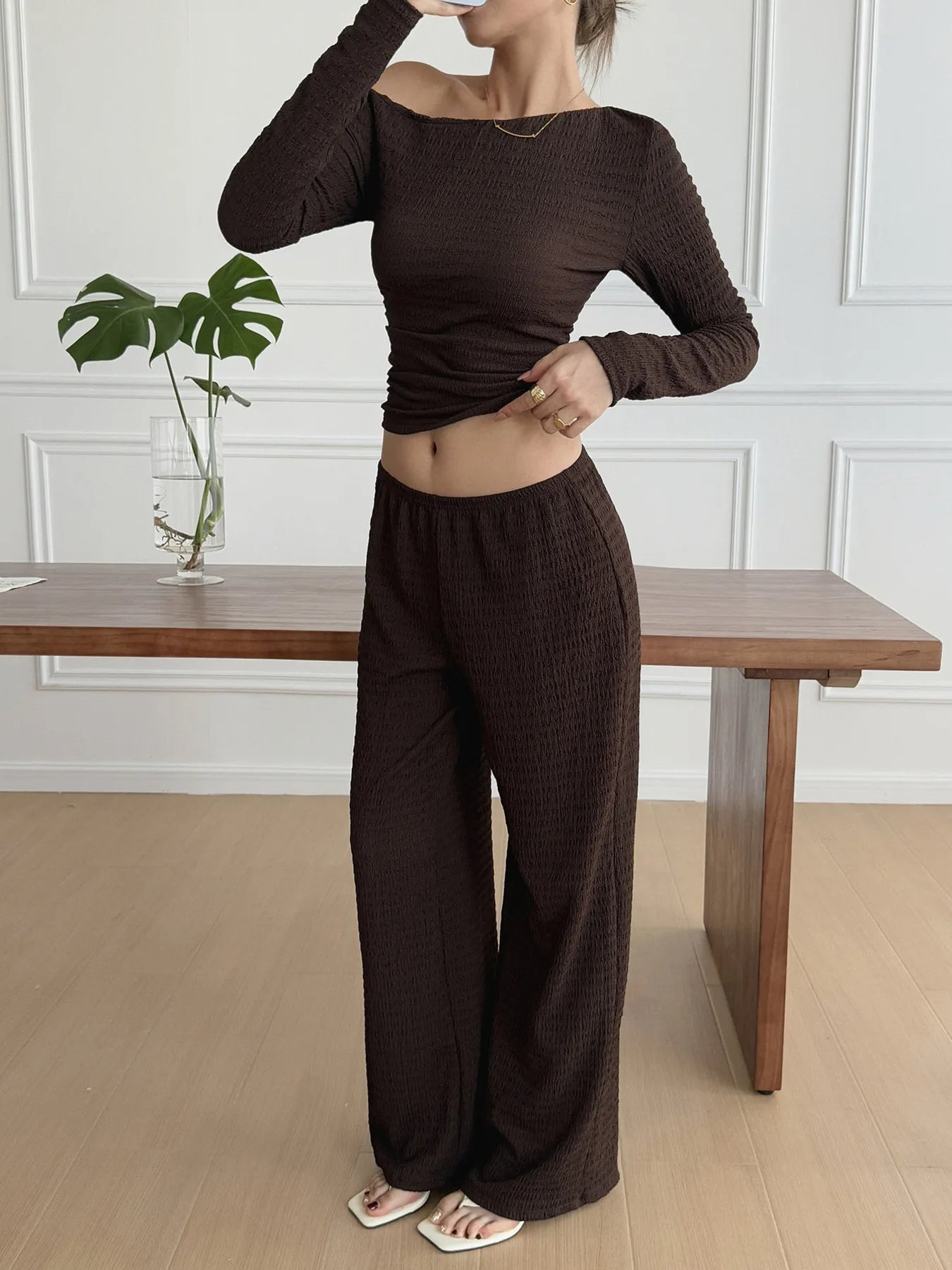 One Shoulder Long Sleeve Top and Pants Set - Eco4life Clothing and Accessories