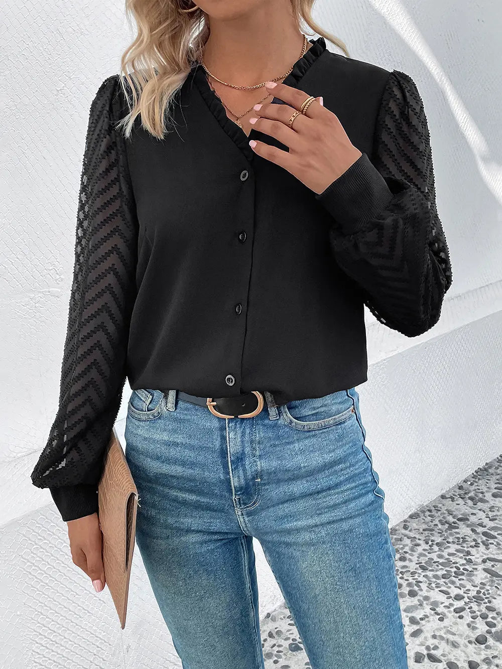 Perfee Mesh V - Neck Button Front Blouse - Eco4life Clothing and Accessories