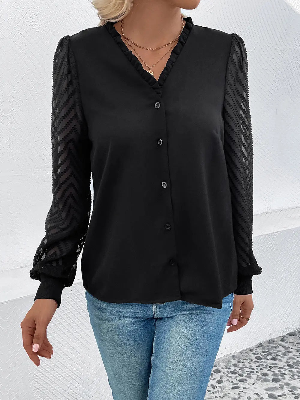 Perfee Mesh V - Neck Button Front Blouse - Eco4life Clothing and Accessories