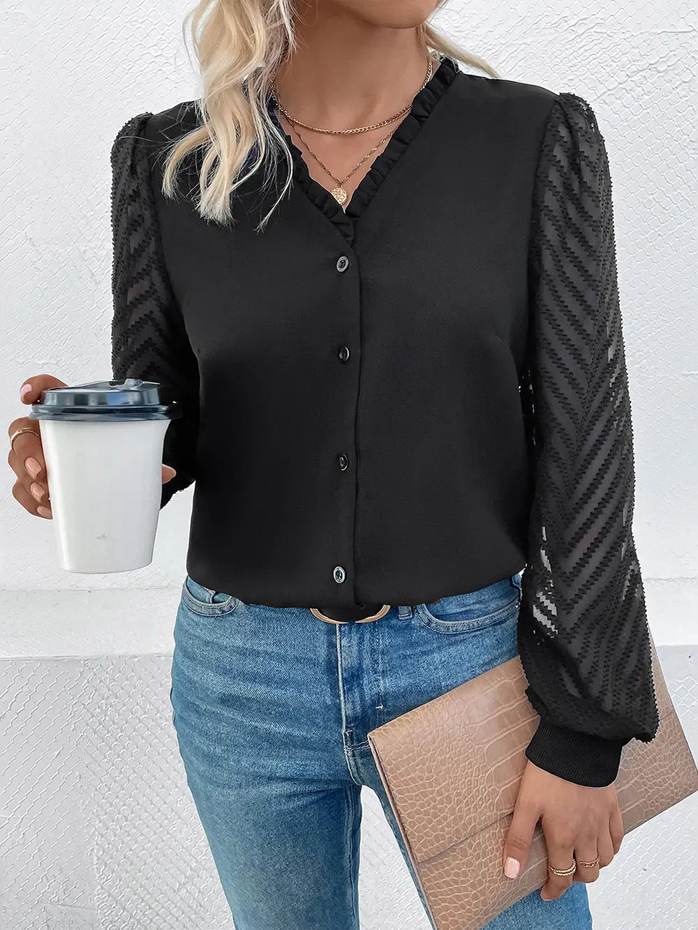Perfee Mesh V - Neck Button Front Blouse - Eco4life Clothing and Accessories
