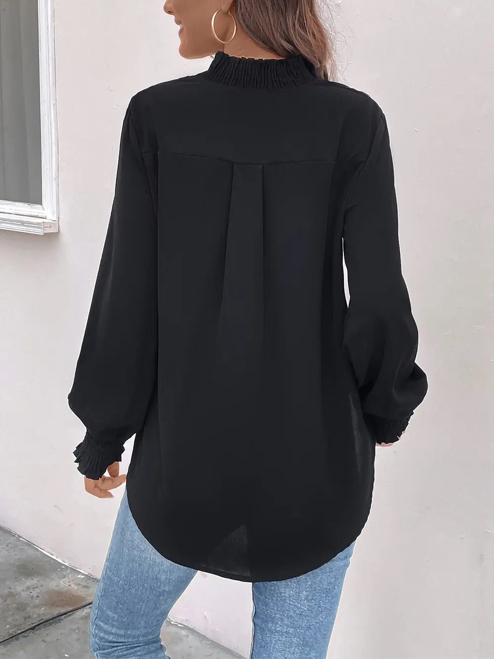 Perfee Smocked Notched Long Sleeve Blouse - Eco4life Clothing and Accessories