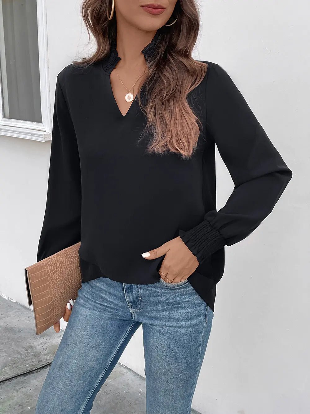Perfee Smocked Notched Long Sleeve Blouse - Eco4life Clothing and Accessories